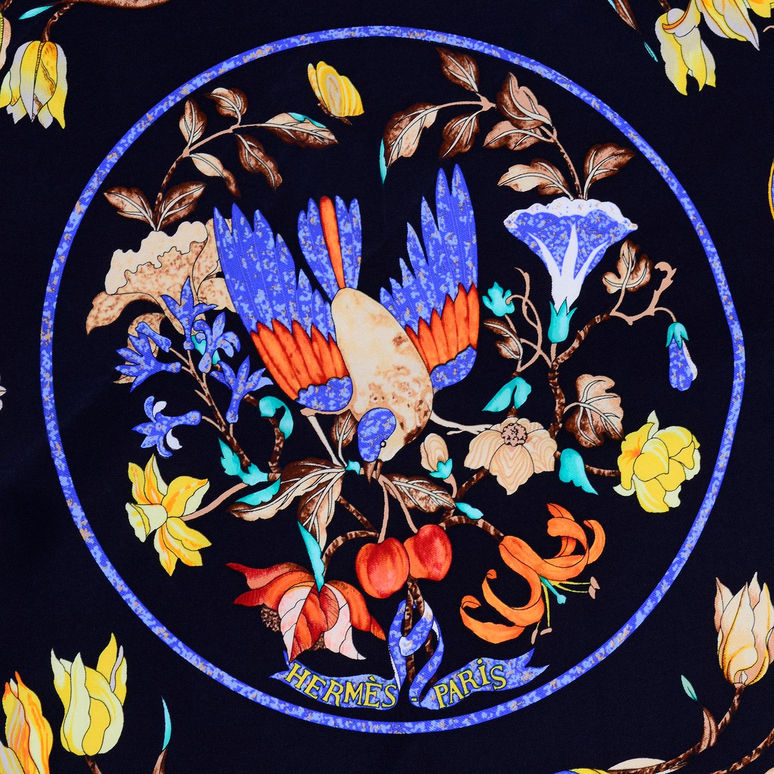 Blue Silk Hermes Scarf Pierres d'Orient et d'Occident by Zoé Pauwels w/ Birds In Excellent Condition In Portland, OR