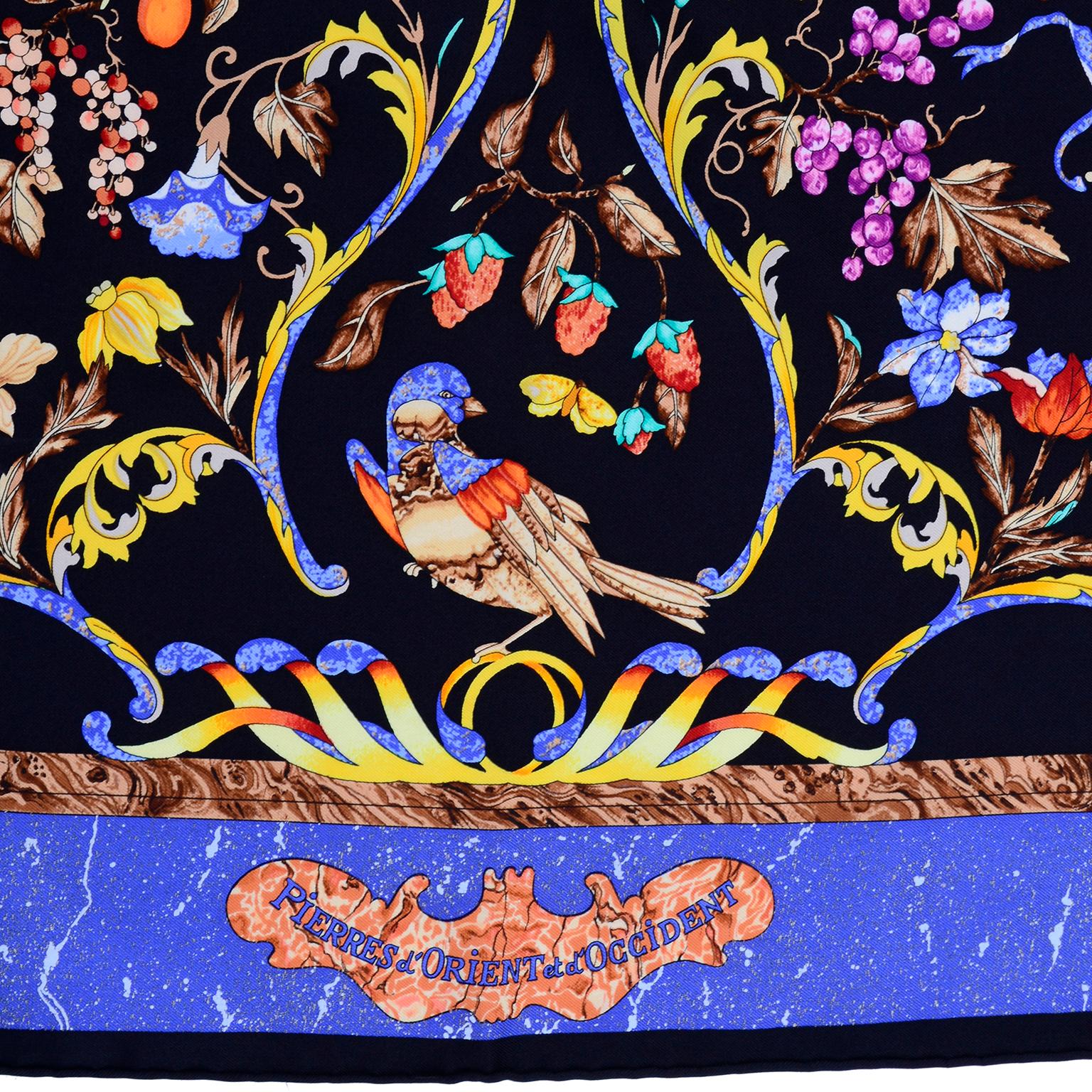 Blue Silk Hermes Scarf Pierres d'Orient et d'Occident by Zoé Pauwels w/ Birds 3