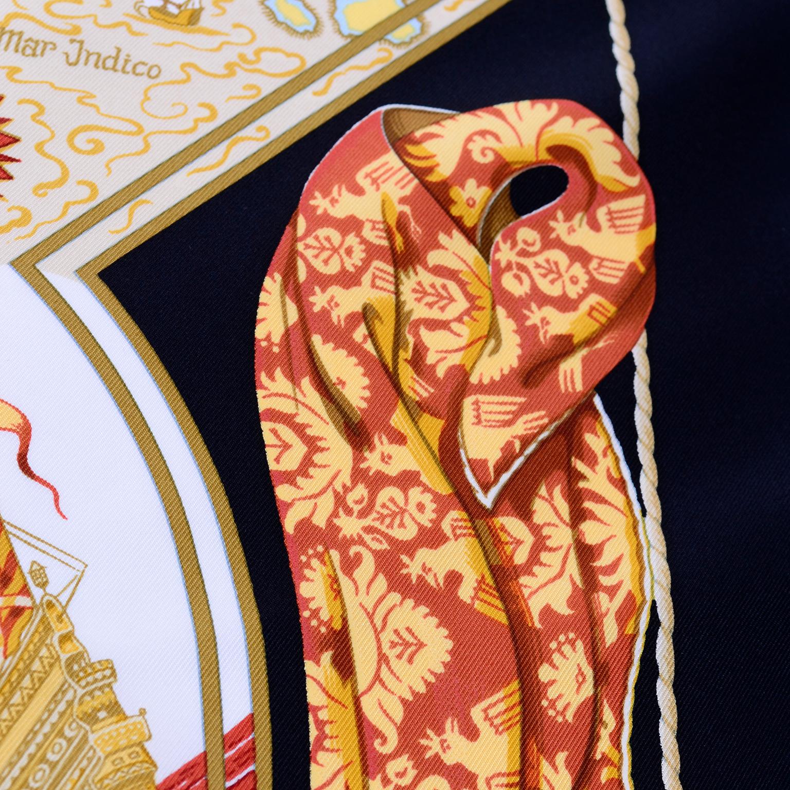 This is a lovely vintage Hermès Au-dela des cinq Mers silk scarf designed by Laurence Bourthoumieux in 1998.  This approximately 36