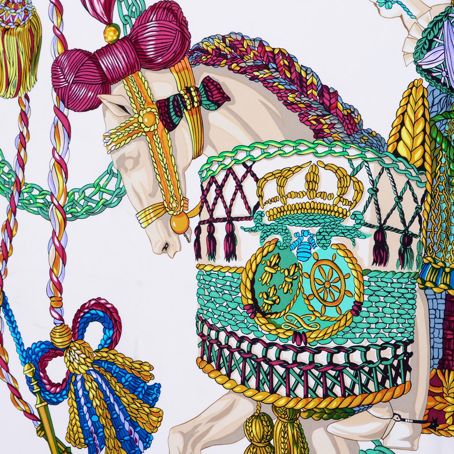Beige Hermes Le Timbalier Silk Scarf With Festooned Horse & Rider by Francoise Heron