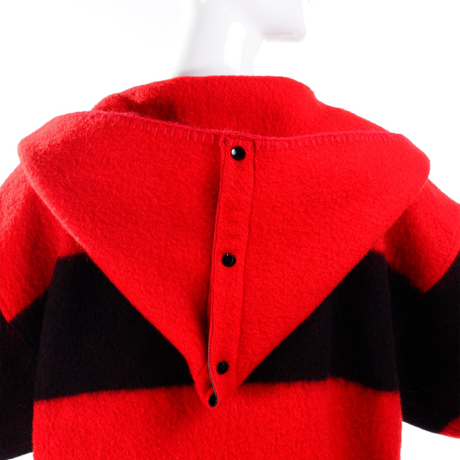 Jean Charles de Castelbajac 1980s Red & Black Wool Coat w/ Leather Trim & Hood In Excellent Condition In Portland, OR