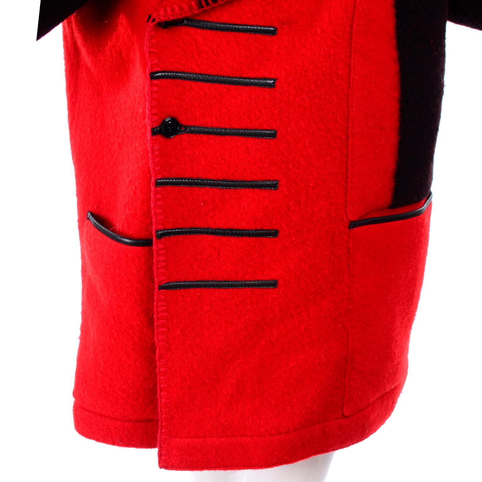 Jean Charles de Castelbajac 1980s Red & Black Wool Coat w/ Leather Trim & Hood 1