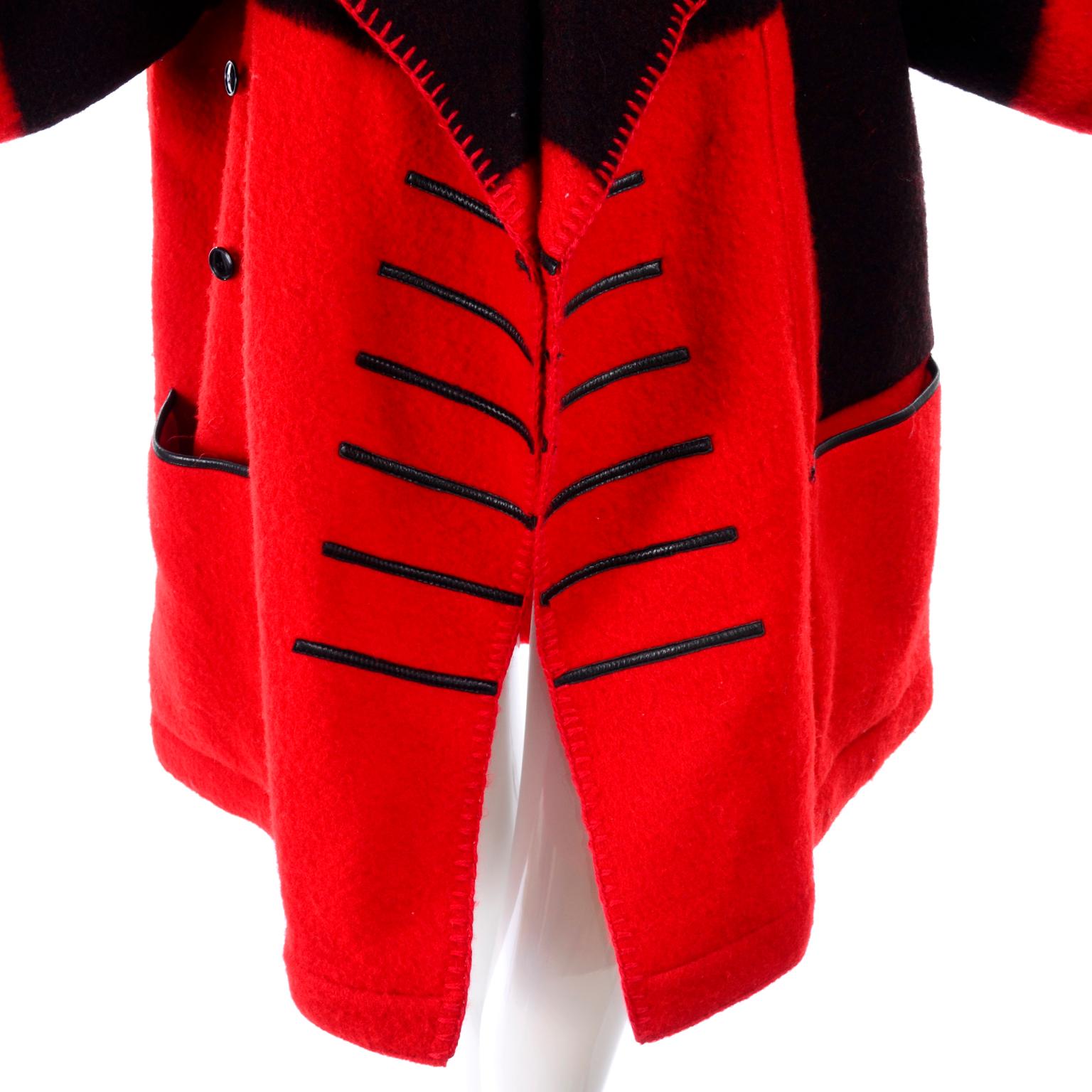 Jean Charles de Castelbajac 1980s Red & Black Wool Coat w/ Leather Trim & Hood 4