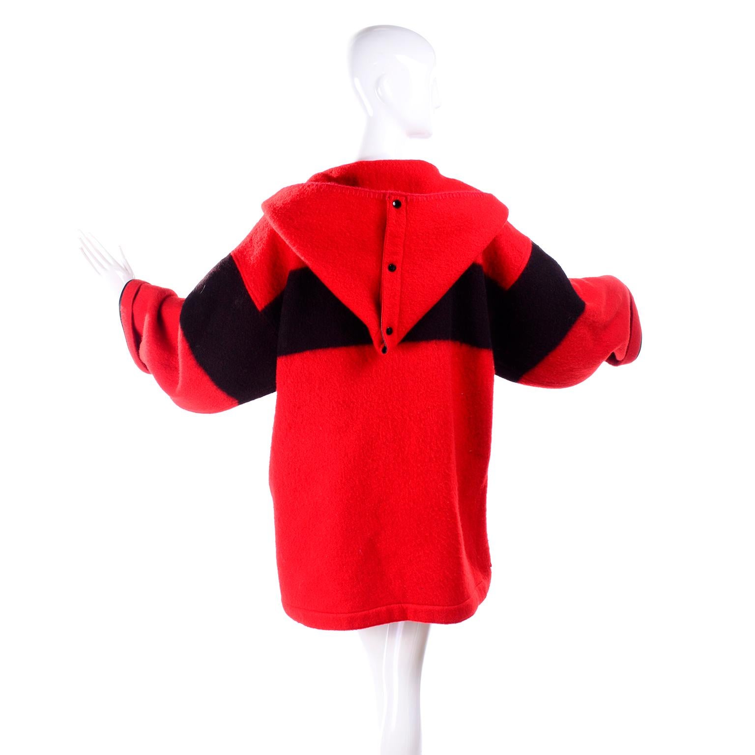 Jean Charles de Castelbajac 1980s Red & Black Wool Coat w/ Leather Trim & Hood 9
