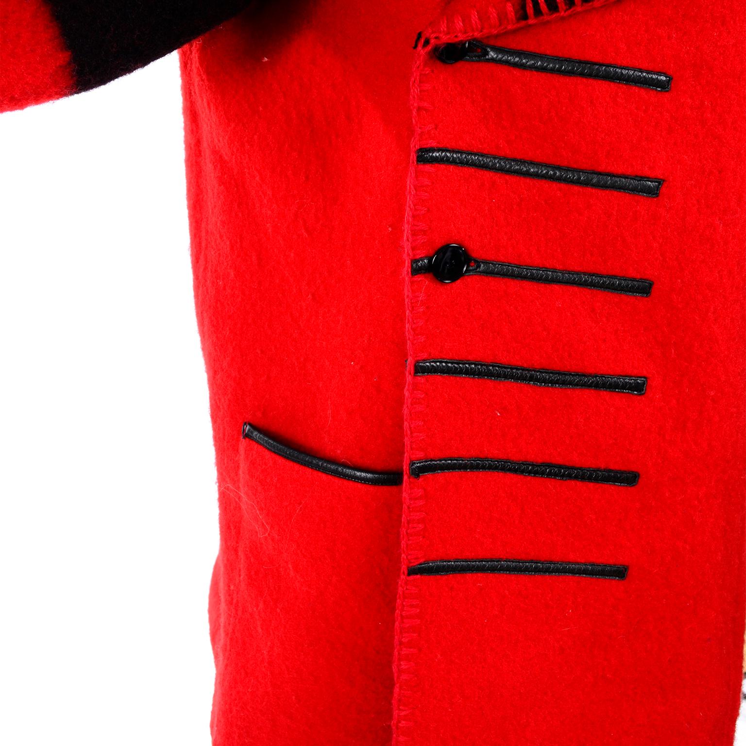 Jean Charles de Castelbajac 1980s Red & Black Wool Coat w/ Leather Trim & Hood 10