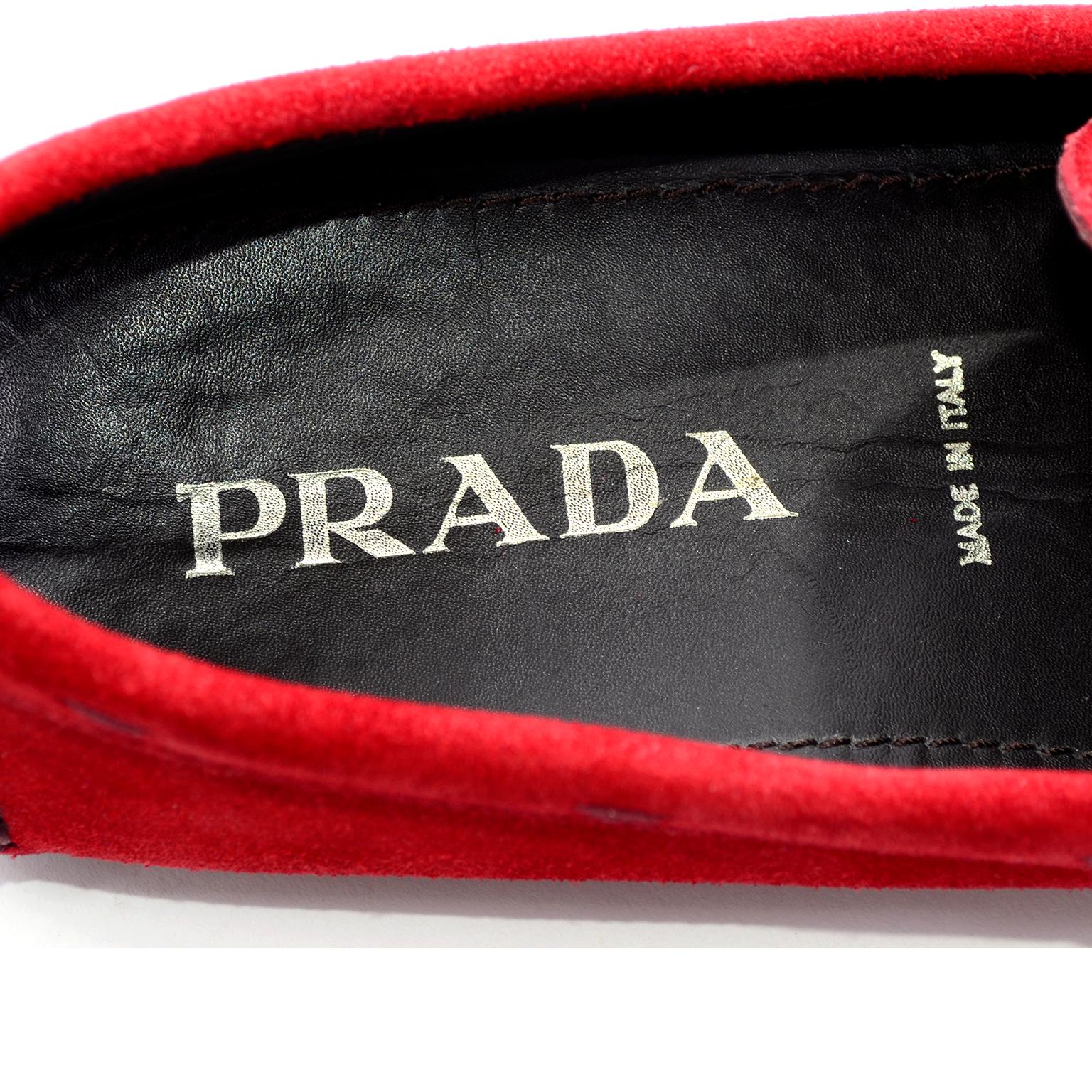 Unworn New Prada Red Suede Shoes Loafers Size 37.5 With Silver Ring Buckle 4