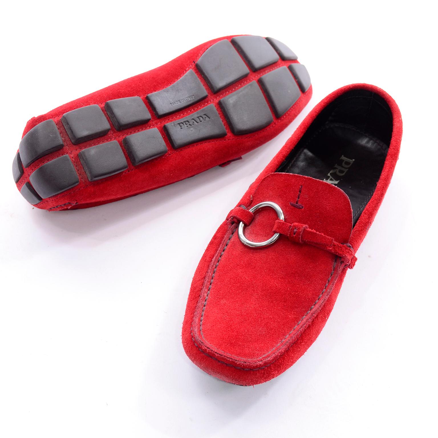 Unworn New Prada Red Suede Shoes Loafers Size 37.5 With Silver Ring Buckle 2