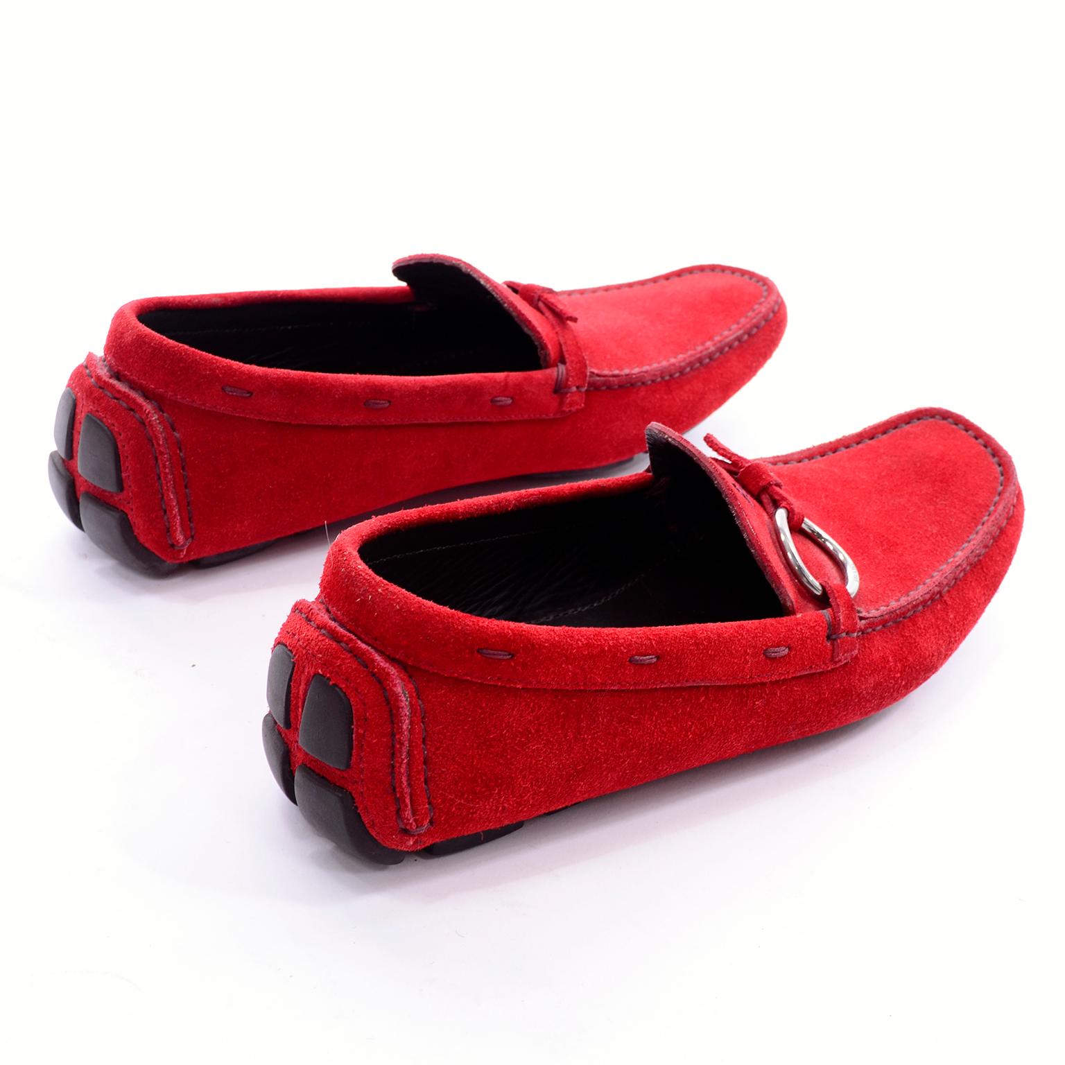 Women's Unworn New Prada Red Suede Shoes Loafers Size 37.5 With Silver Ring Buckle