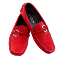 Vintage Unworn New Prada Red Suede Shoes Loafers Size 37.5 With Silver Ring Buckle