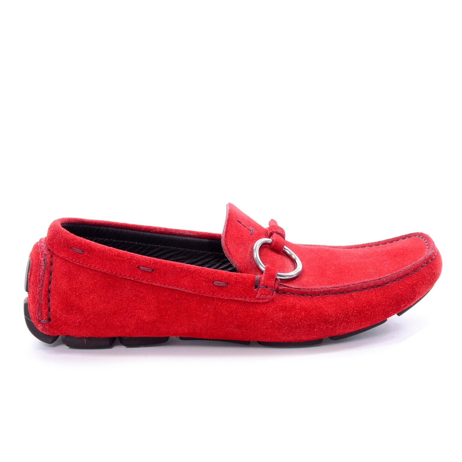 Unworn New Prada Red Suede Shoes Loafers Size 37.5 With Silver Ring Buckle 5