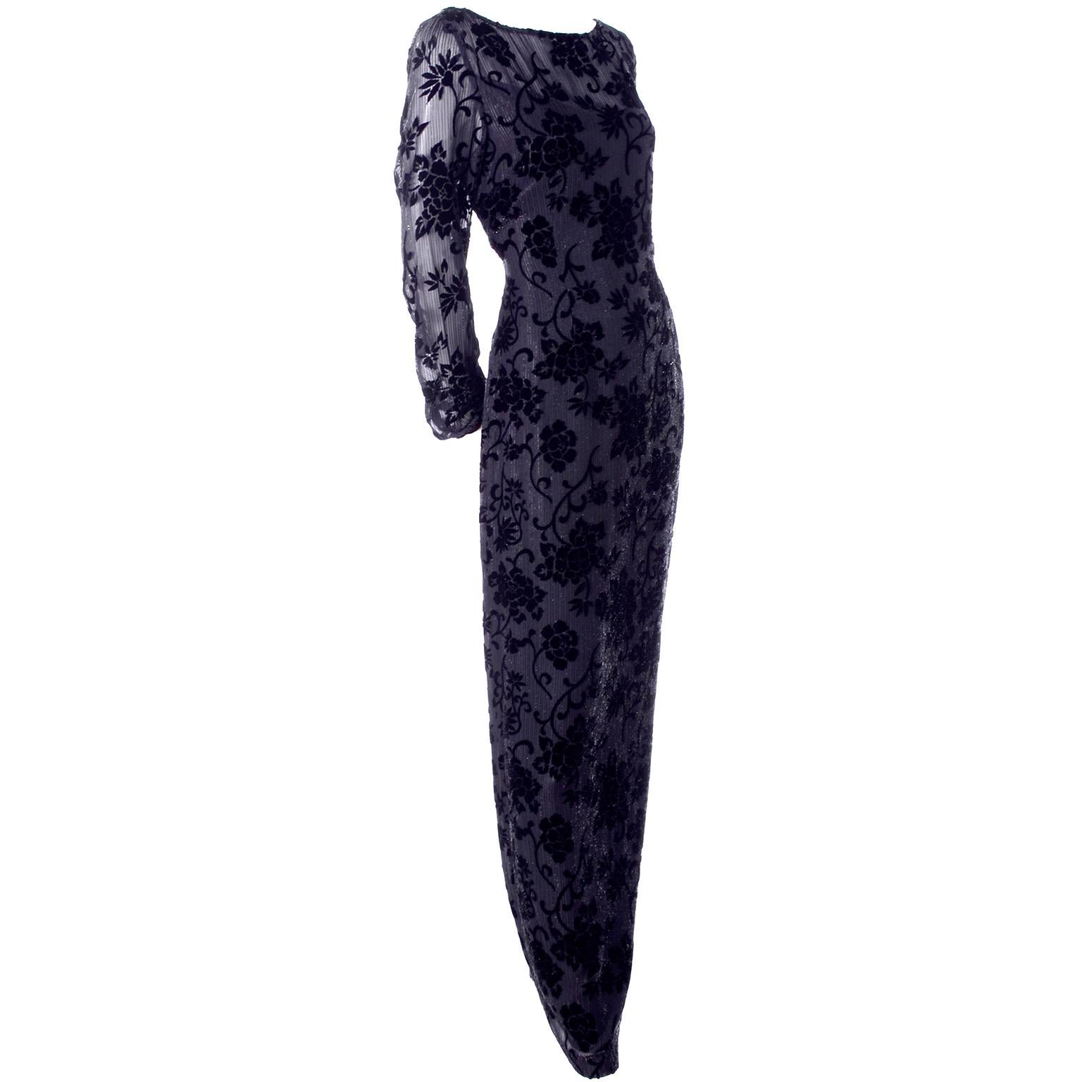 Vintage 1980s Black Velvet and Lace Dress 80s Silk Burnout Velvet Taffeta Party Dress Medium Drop-waist Frock