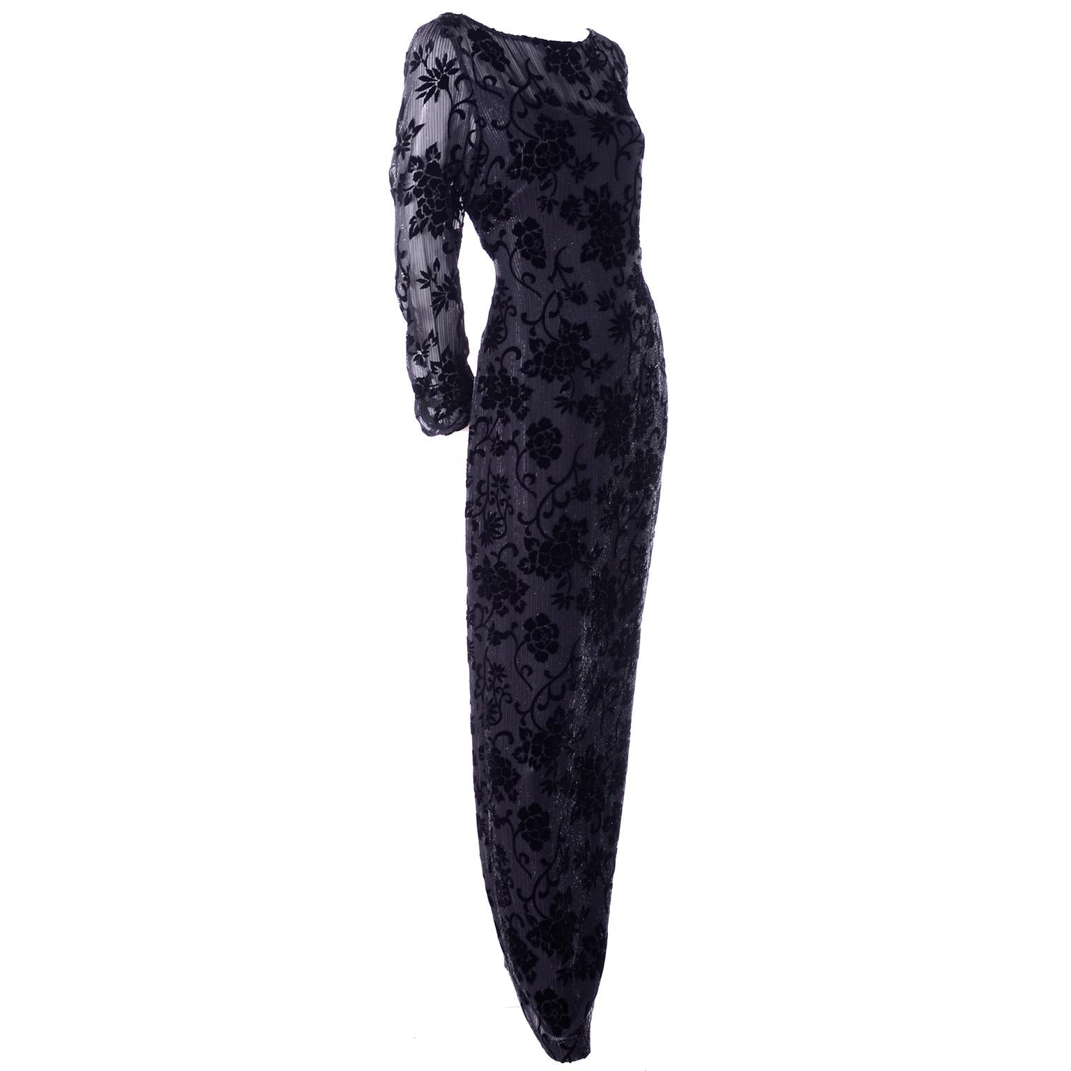 Bloomingdales Vintage 1980s Burn Out Black Velvet Dress With Metallic Threads For Sale 2