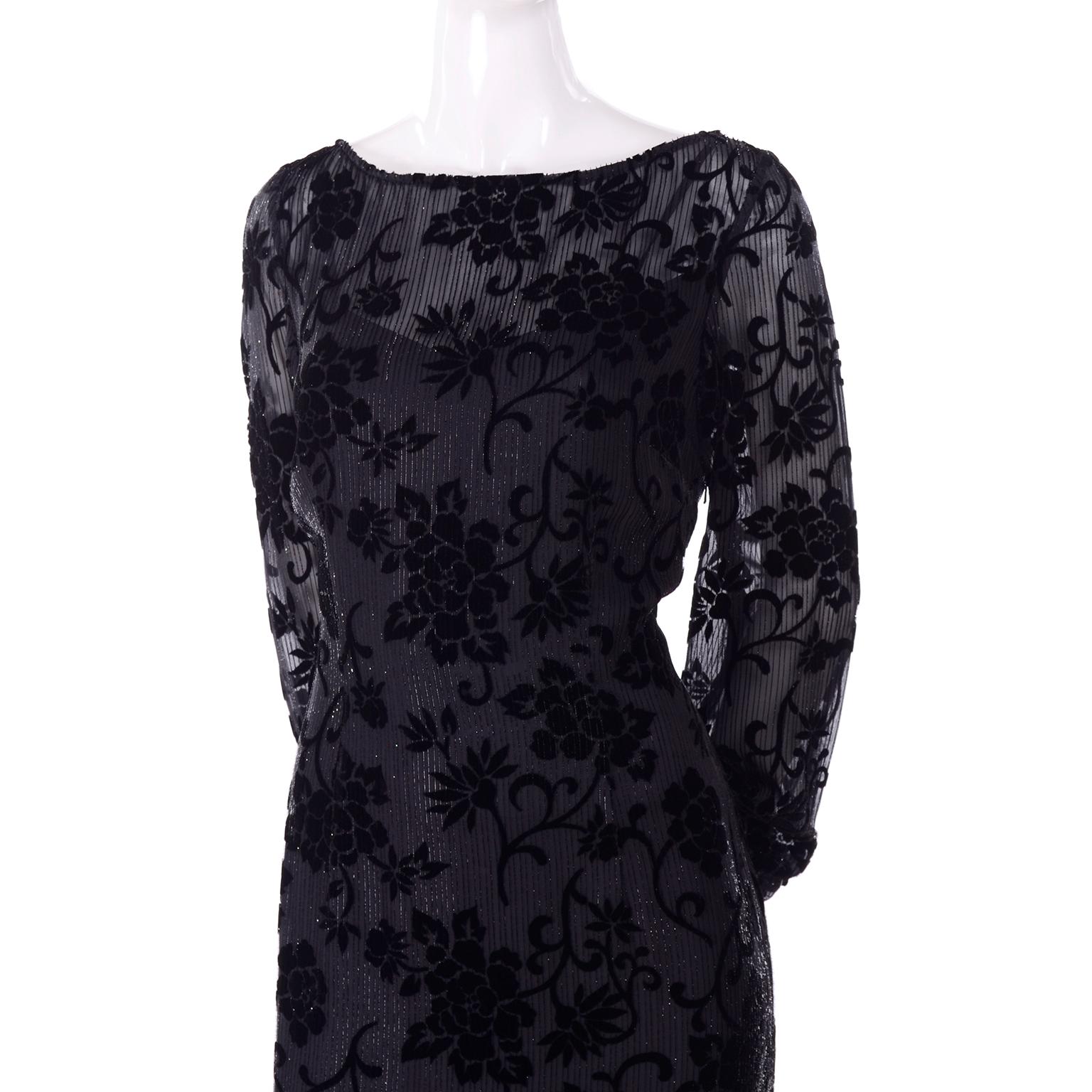Women's Bloomingdales Vintage 1980s Burn Out Black Velvet Dress With Metallic Threads For Sale
