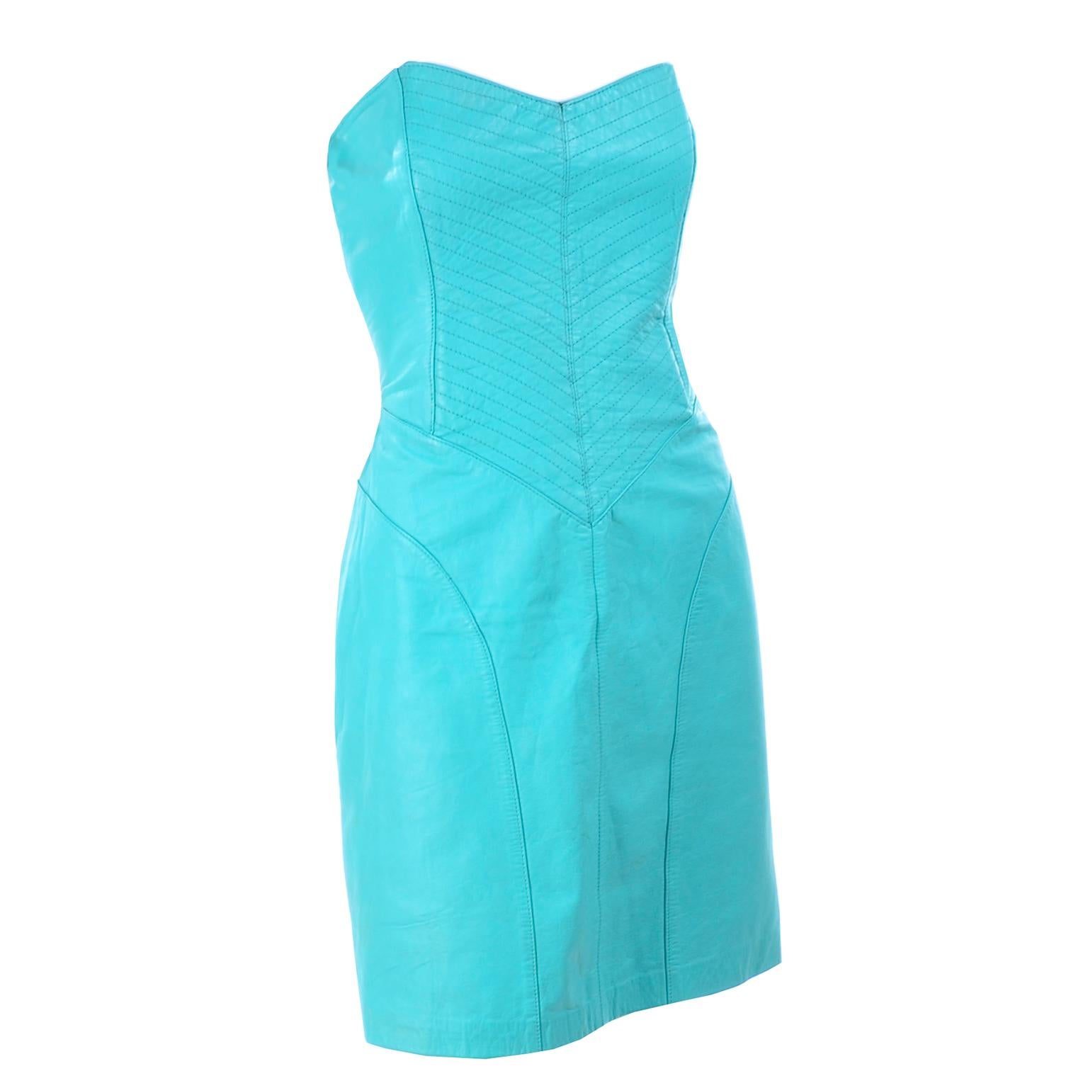 Vintage Strapless Turquoise Blue Green Leather 1980s Dress in Size 4/6