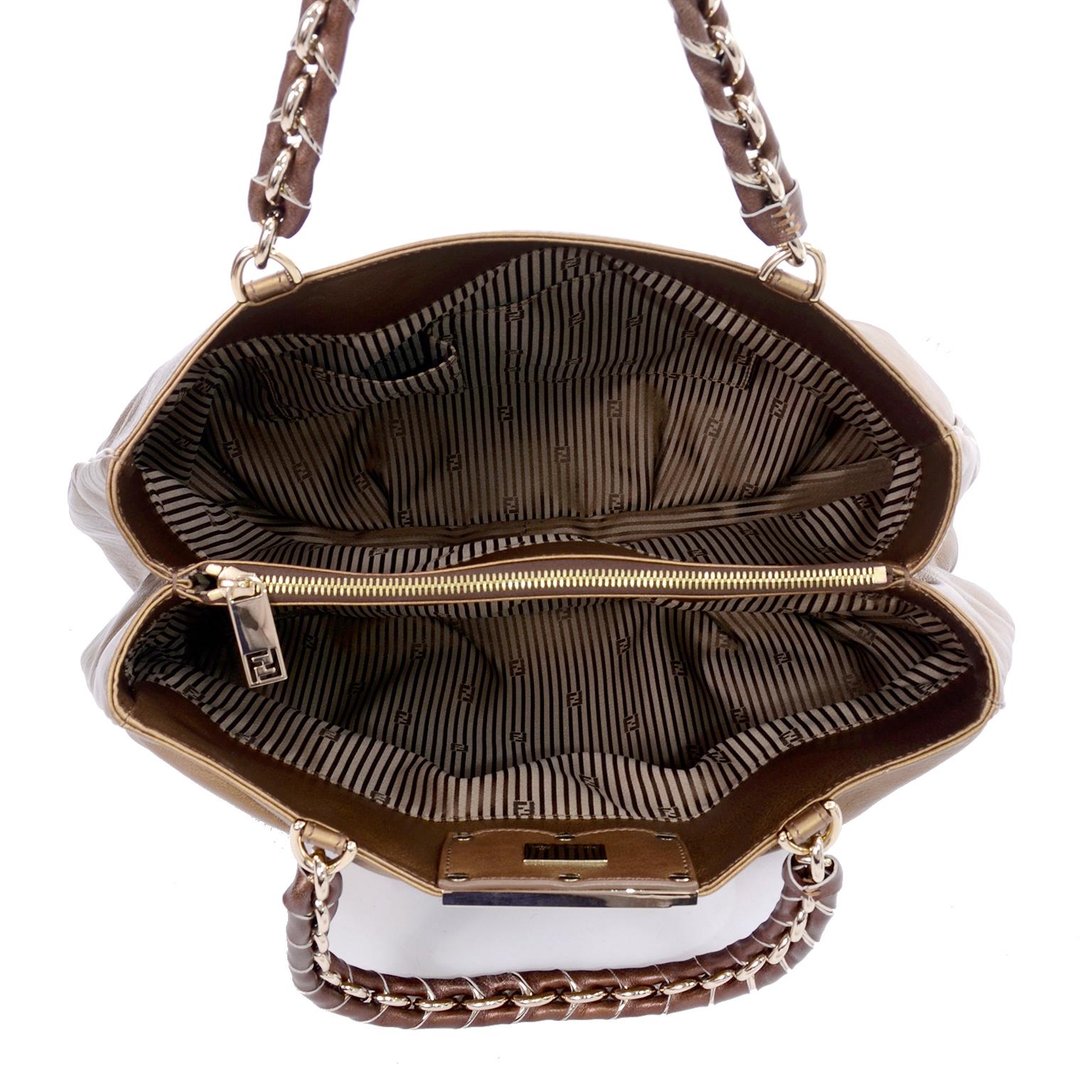 Large Fendi Bag in Bronze Leather Borsa Mia Handbag w/ Shoulder Strap & Card 3