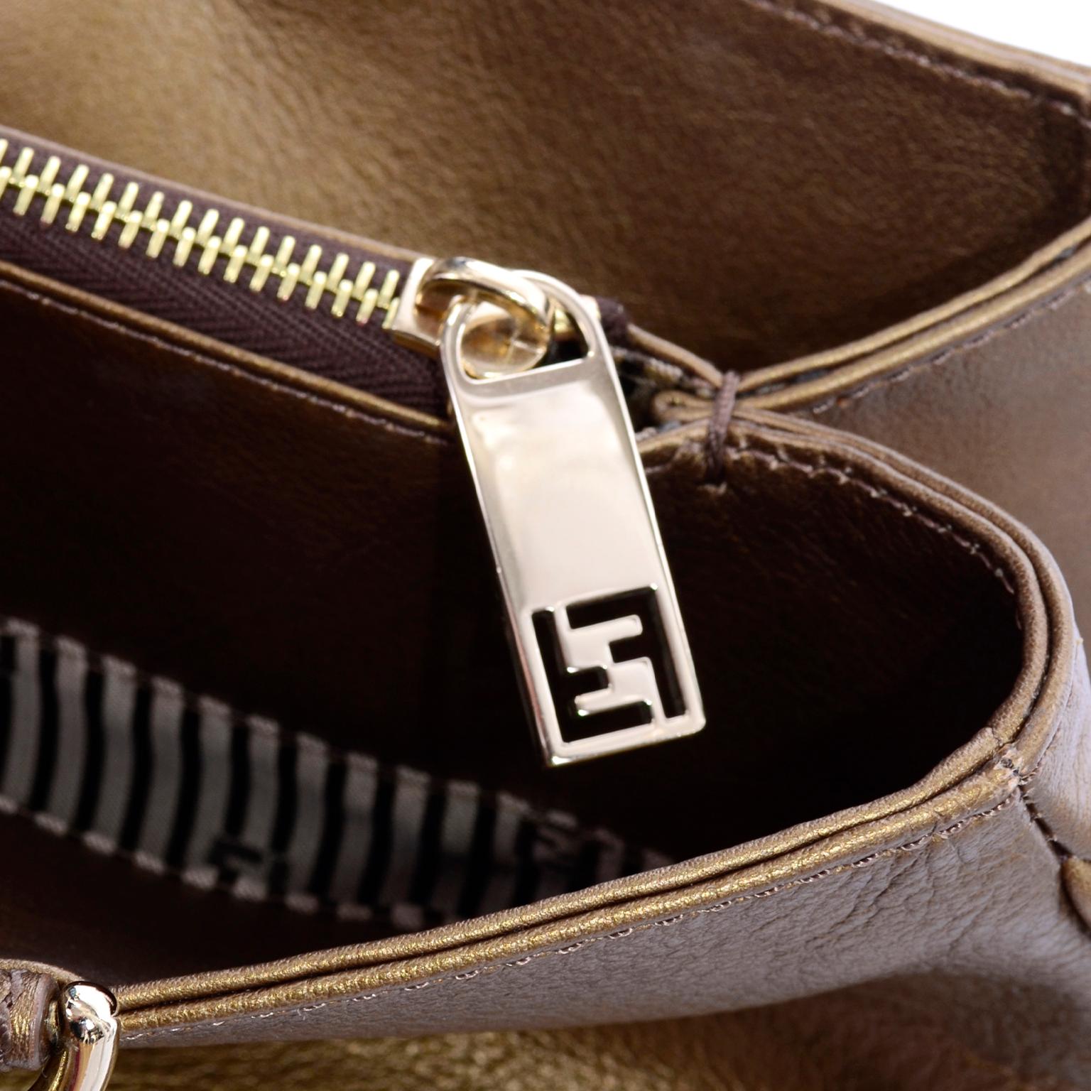 Large Fendi Bag in Bronze Leather Borsa Mia Handbag w/ Shoulder Strap & Card In Excellent Condition In Portland, OR