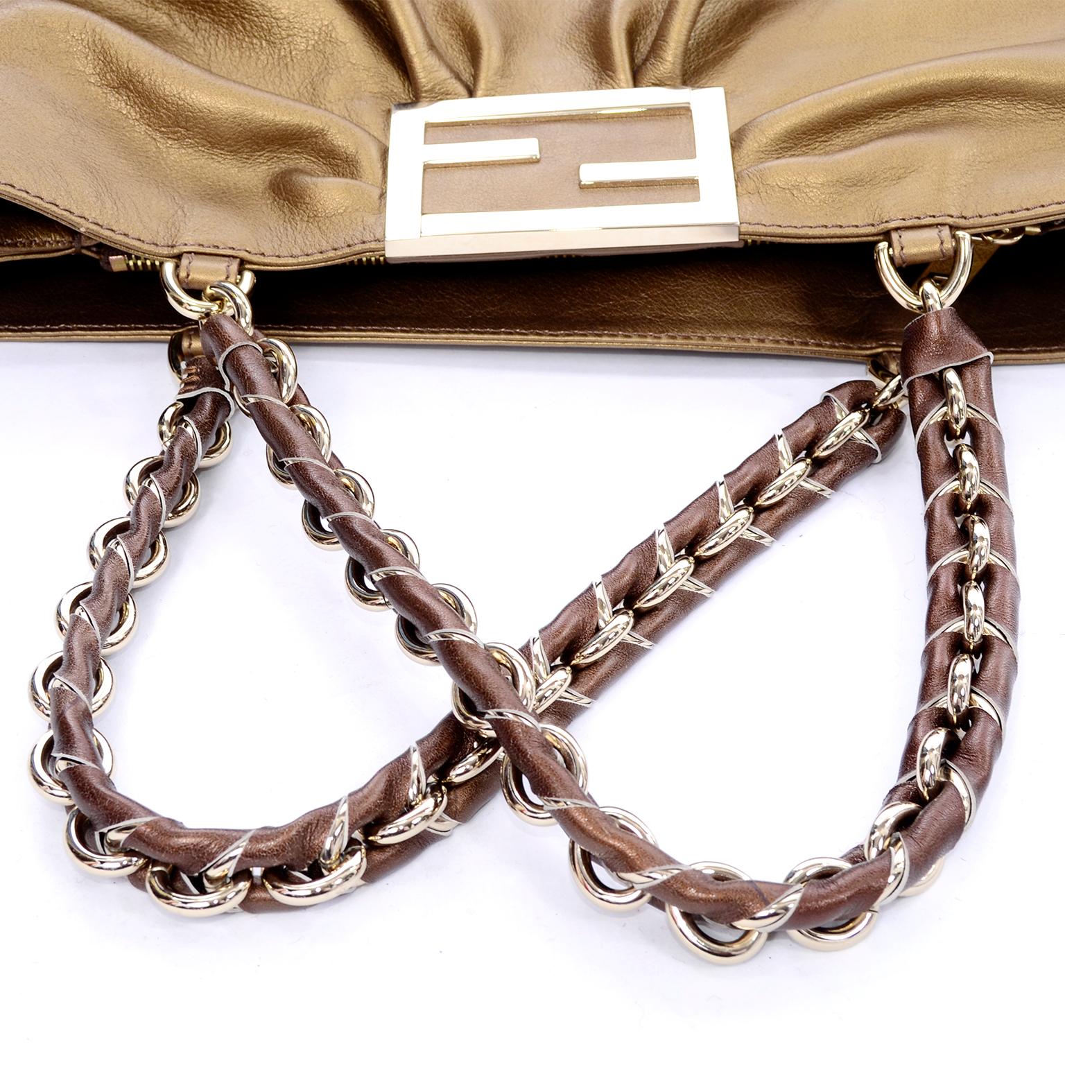 Brown Large Fendi Bag in Bronze Leather Borsa Mia Handbag w/ Shoulder Strap & Card