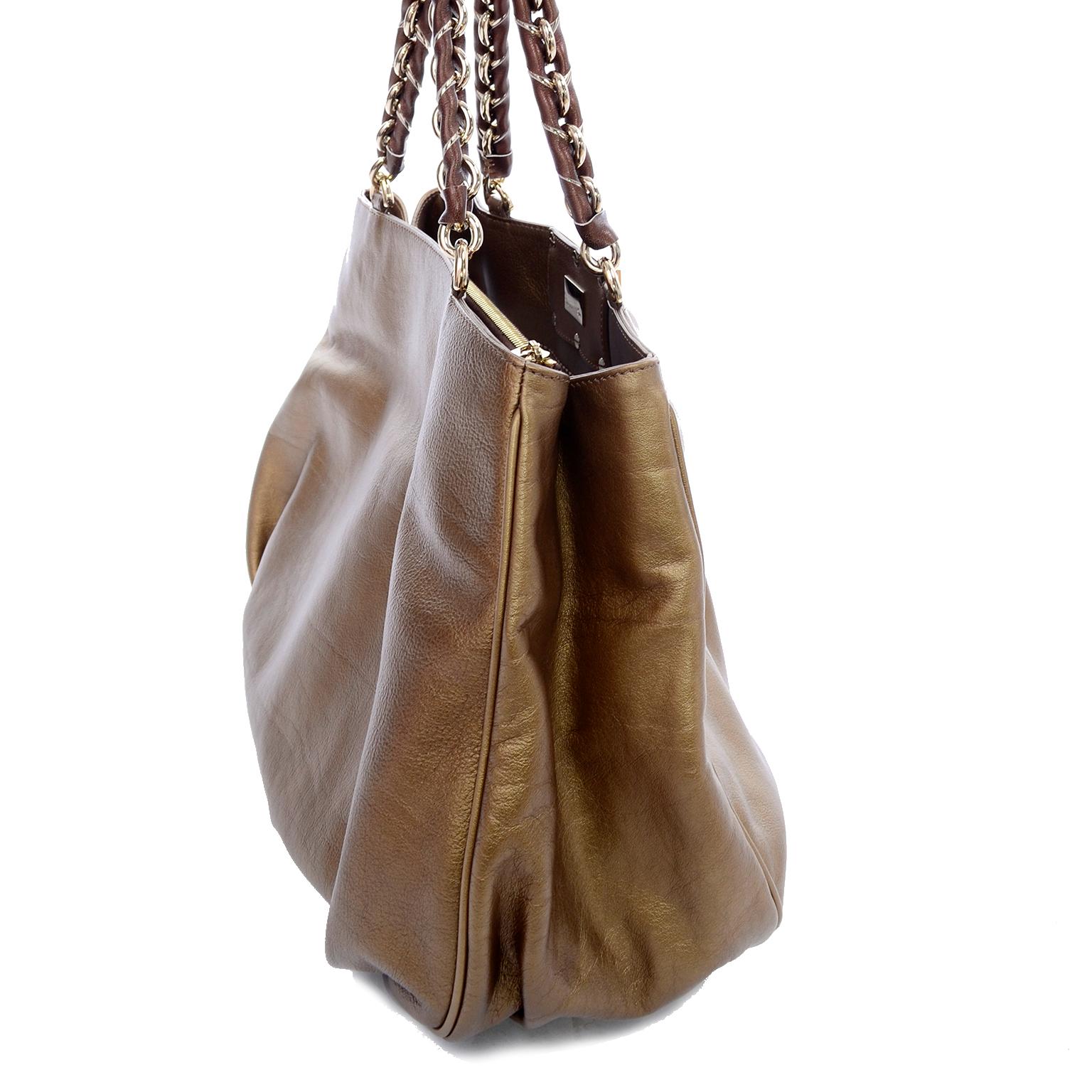 Large Fendi Bag in Bronze Leather Borsa Mia Handbag w/ Shoulder Strap & Card 1