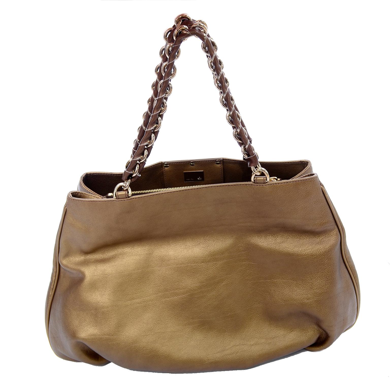 Large Fendi Bag in Bronze Leather Borsa Mia Handbag w/ Shoulder Strap & Card 2