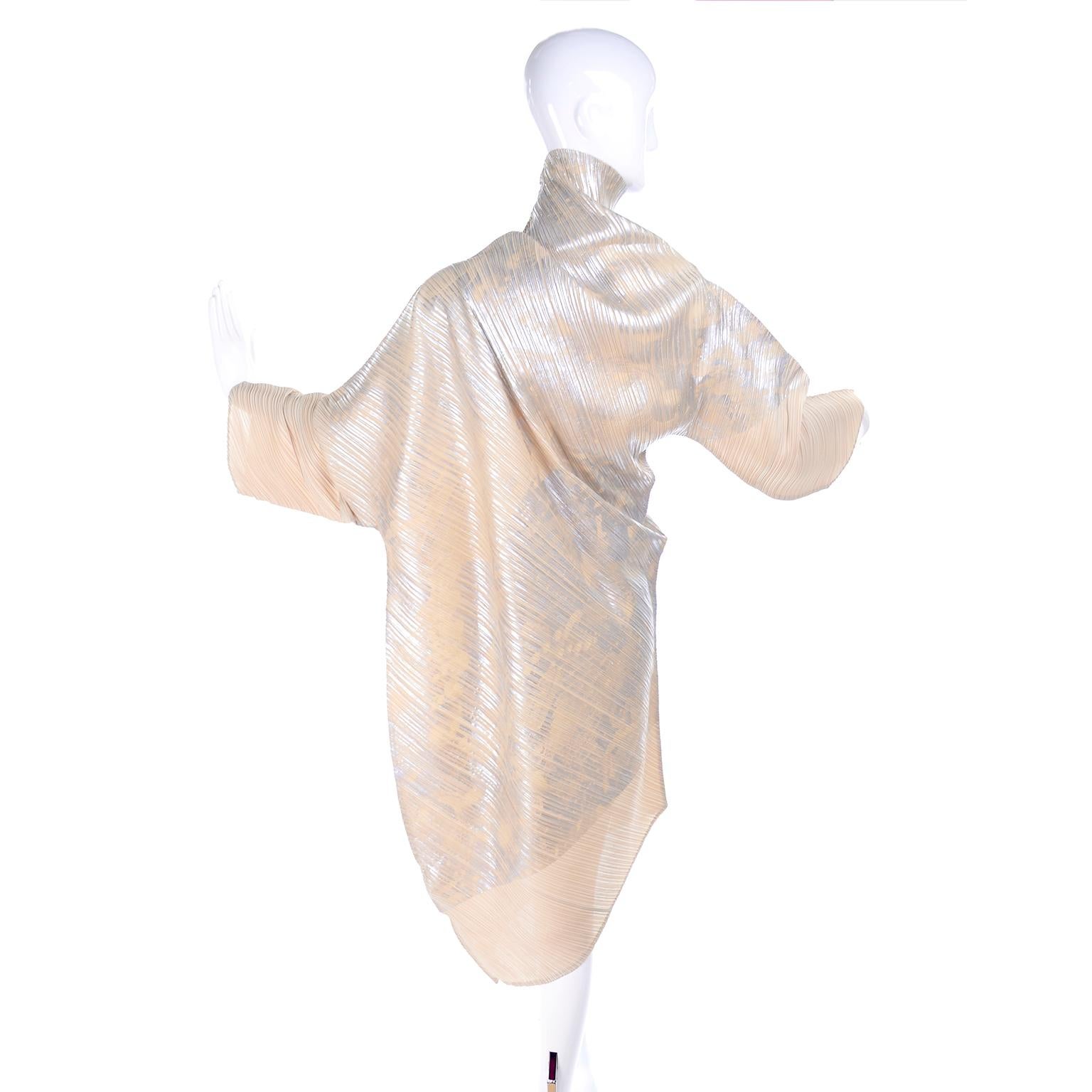 Beige Issey Miyake A/H 1994 Asymmetrical Pleated Dress Cream & Silver Metallic w/ Tags