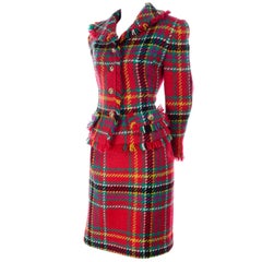 Oscar de la Renta Fall Runway 1991 / 1992 Red Tartan Plaid Skirt & Jacket Suit