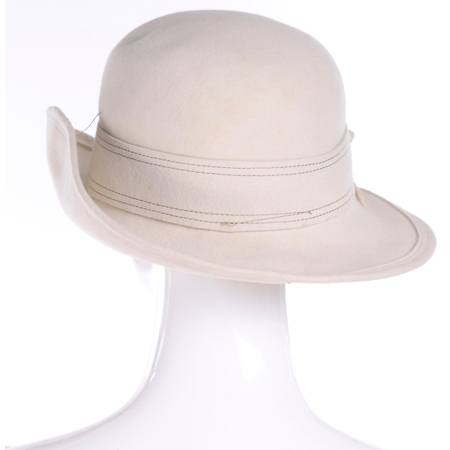 Vintage Adolfo Realities Vintage Cream Wool Hat w Topstitching & 1 Upturned Brim In Excellent Condition In Portland, OR