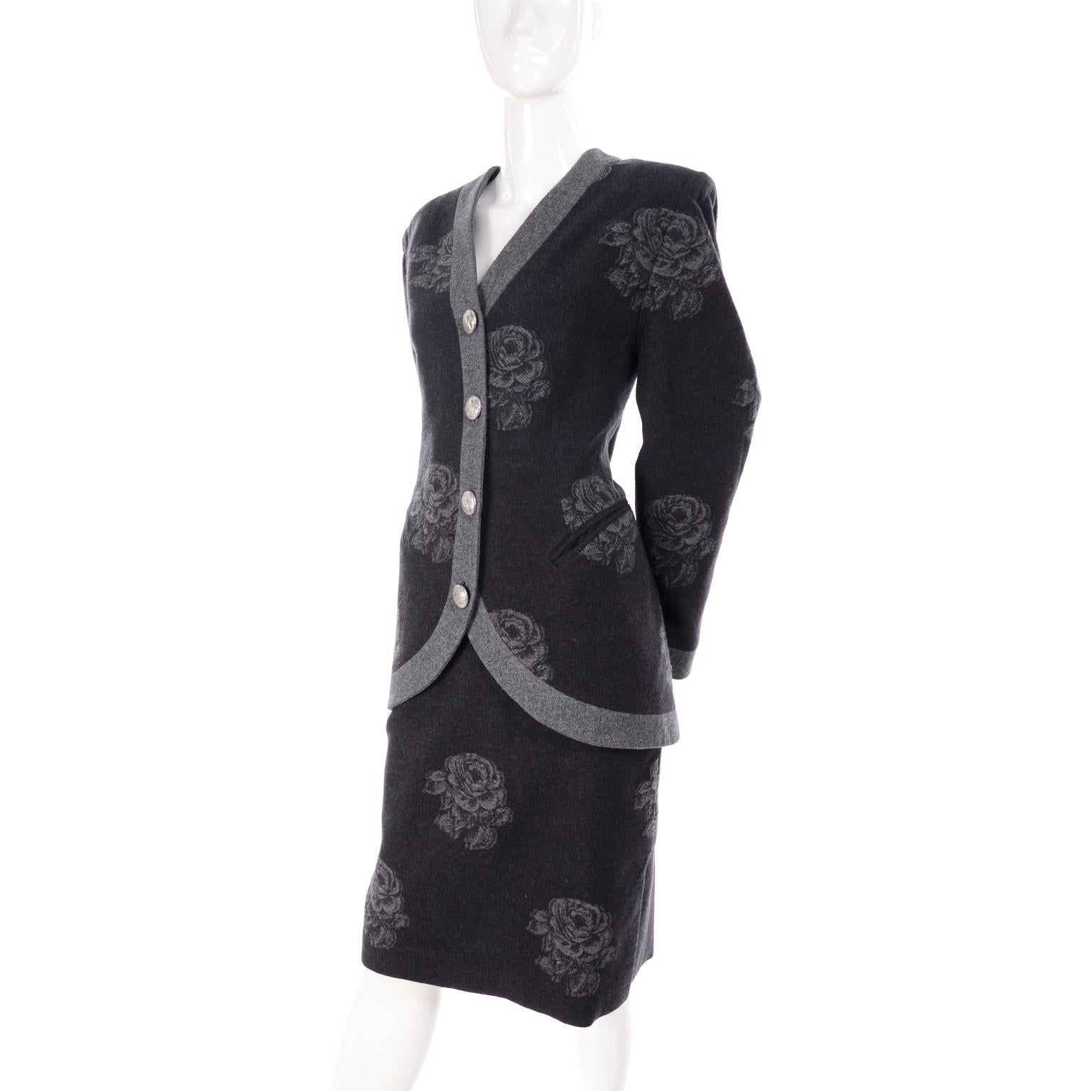 Women's Nina Ricci Vintage Jacket & Skirt Suit in Rose Pattern Wool Made in France