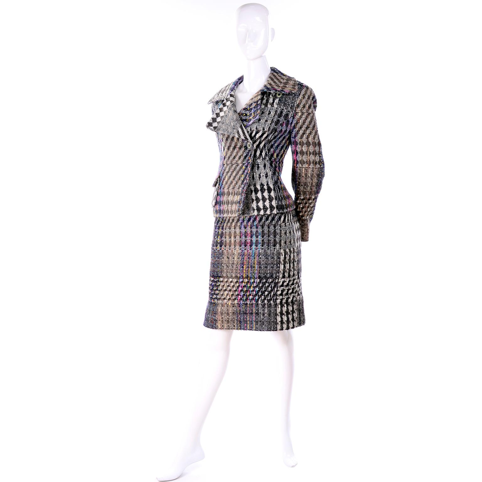 1996 Christian Lacroix Vintage Colorful Mixed Plaid Skirt & Jacket Suit Size 42 In Excellent Condition In Portland, OR