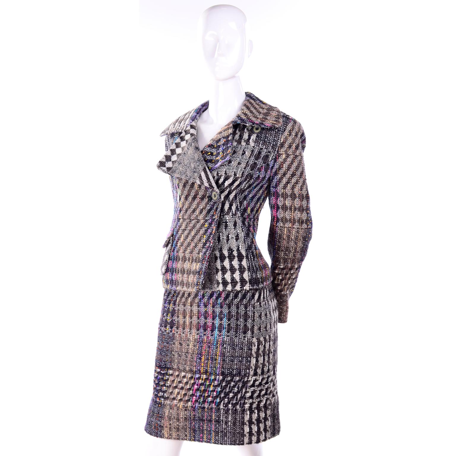 Women's 1996 Christian Lacroix Vintage Colorful Mixed Plaid Skirt & Jacket Suit Size 42