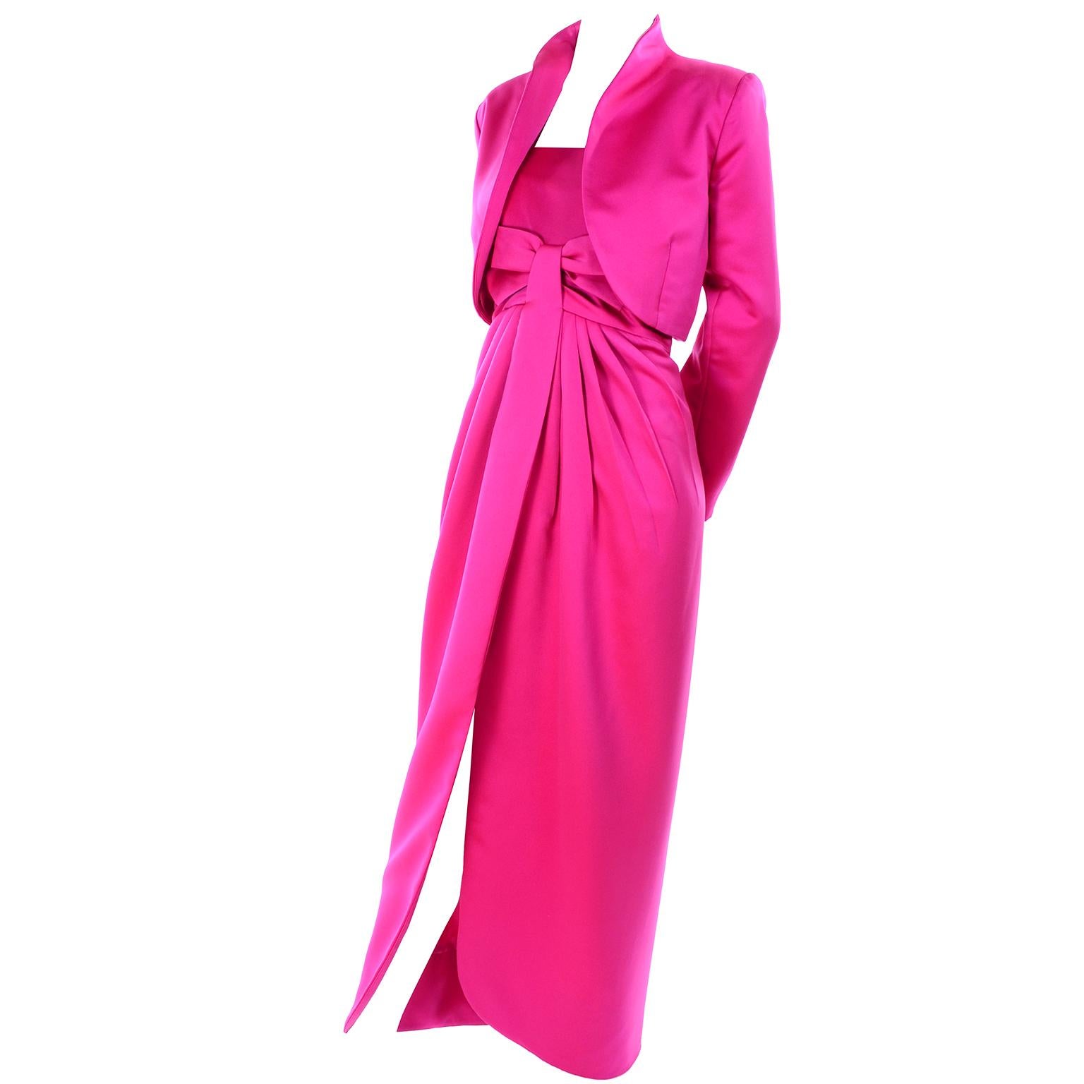 Vintage Victor Costa Shocking Pink Strapless Dress W/ Cropped Bolero Jacket 8