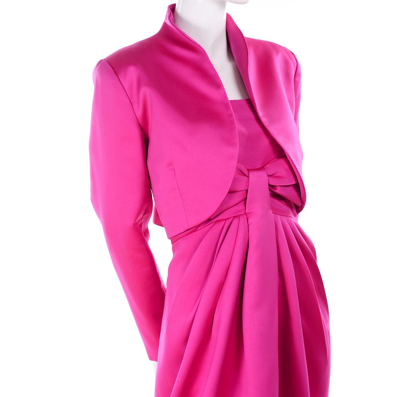 Women's Vintage Victor Costa Shocking Pink Strapless Dress W/ Cropped Bolero Jacket