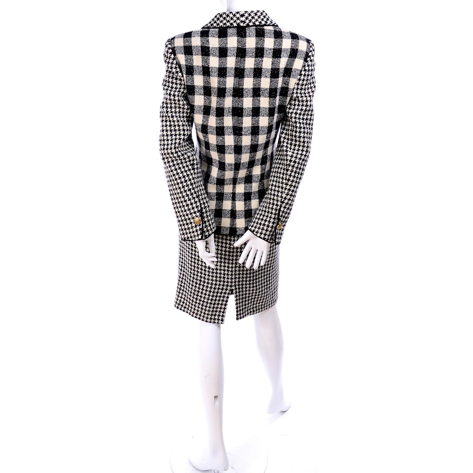 Emanuel Ungaro Vintage Black Plaid & Houndstooth Check Wool Skirt & Jacket Suit For Sale 2