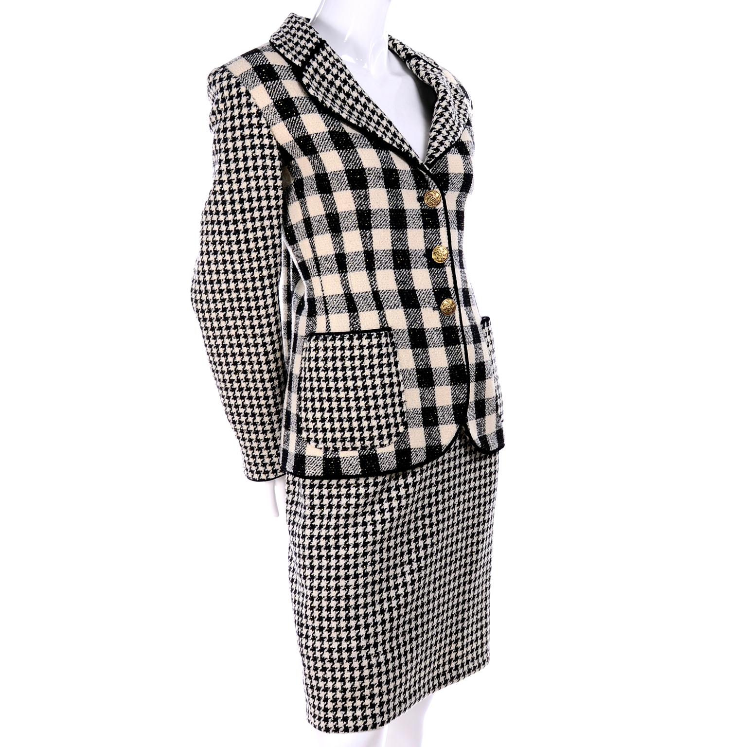 Emanuel Ungaro Vintage Black Plaid & Houndstooth Check Wool Skirt & Jacket Suit In Excellent Condition For Sale In Portland, OR