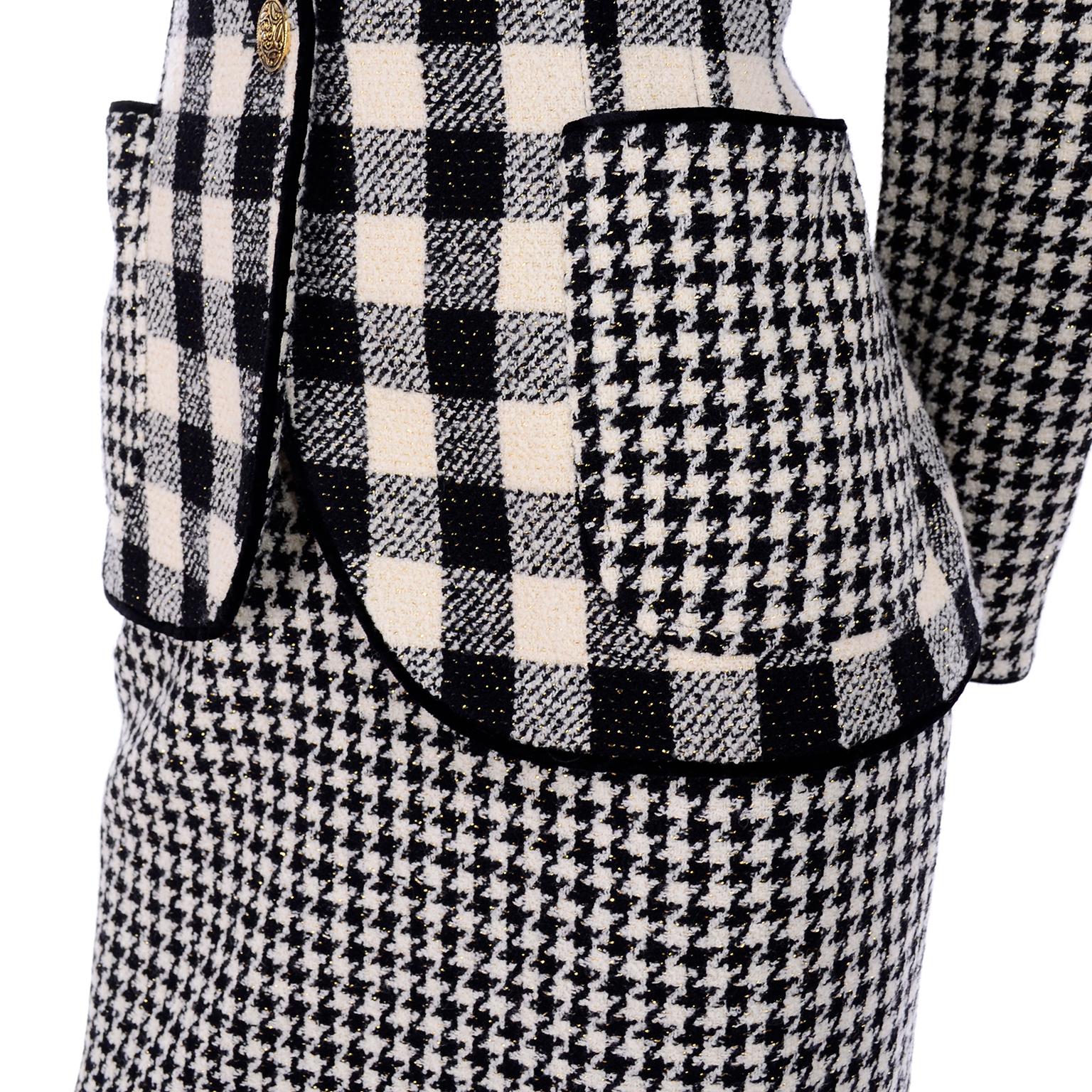 Emanuel Ungaro Vintage Black Plaid & Houndstooth Check Wool Skirt & Jacket Suit For Sale 1