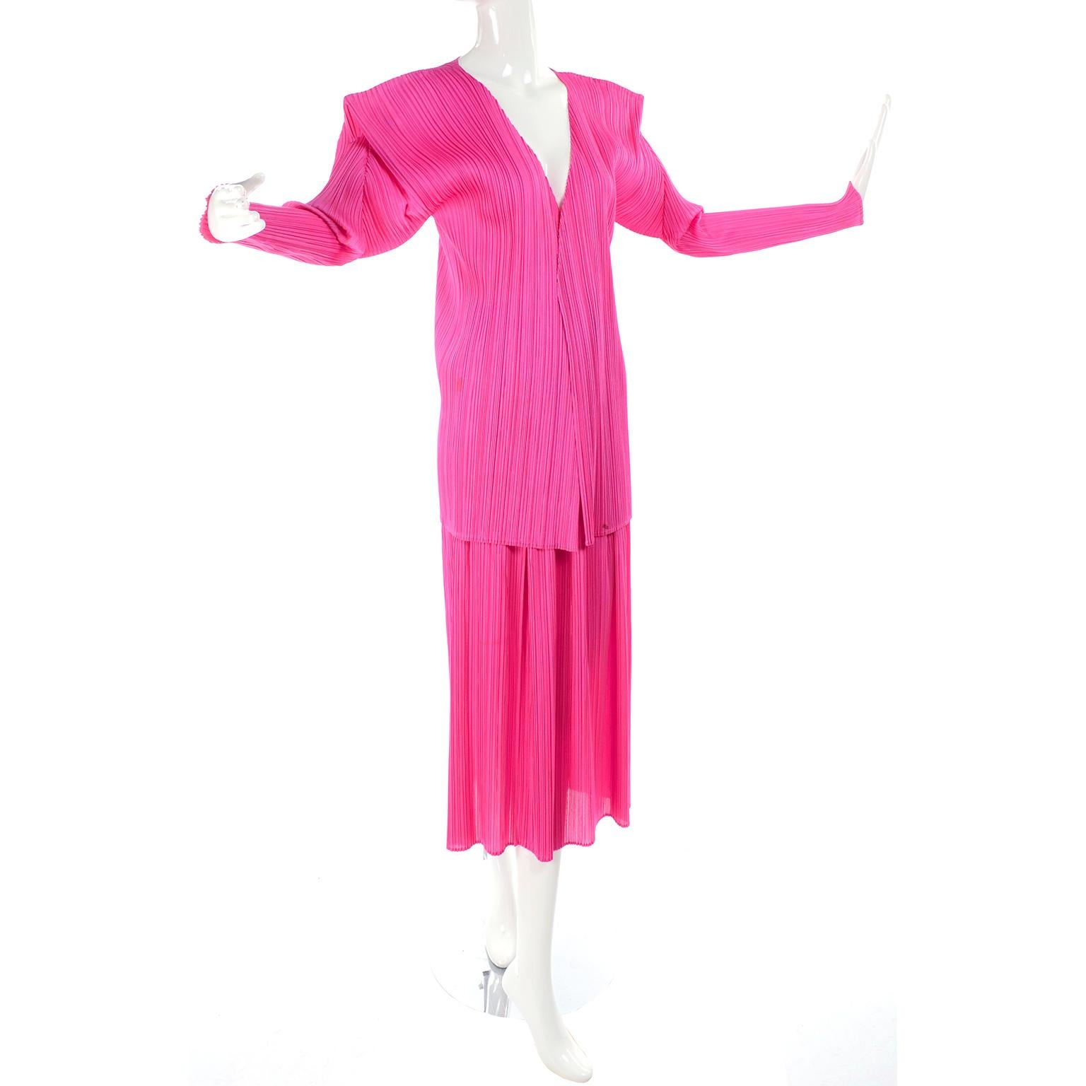 Vintage Hot Pink Issey Miyake Avant Garde Pleated Skirt and Cardigan Top In Excellent Condition In Portland, OR