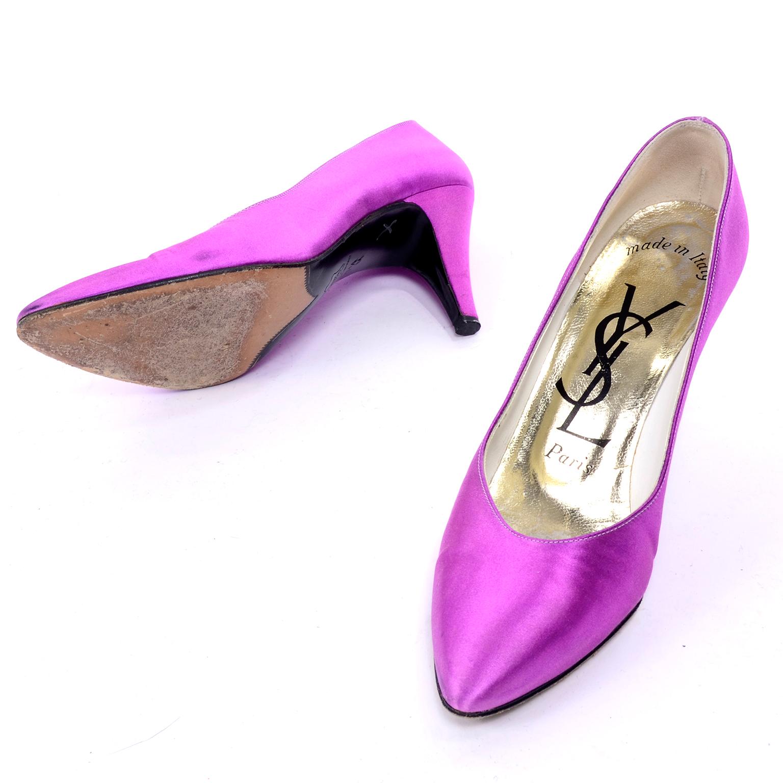 Purple Satin YSL Yves Saint Laurent Vintage Pumps 1990s Shoes w/ 3