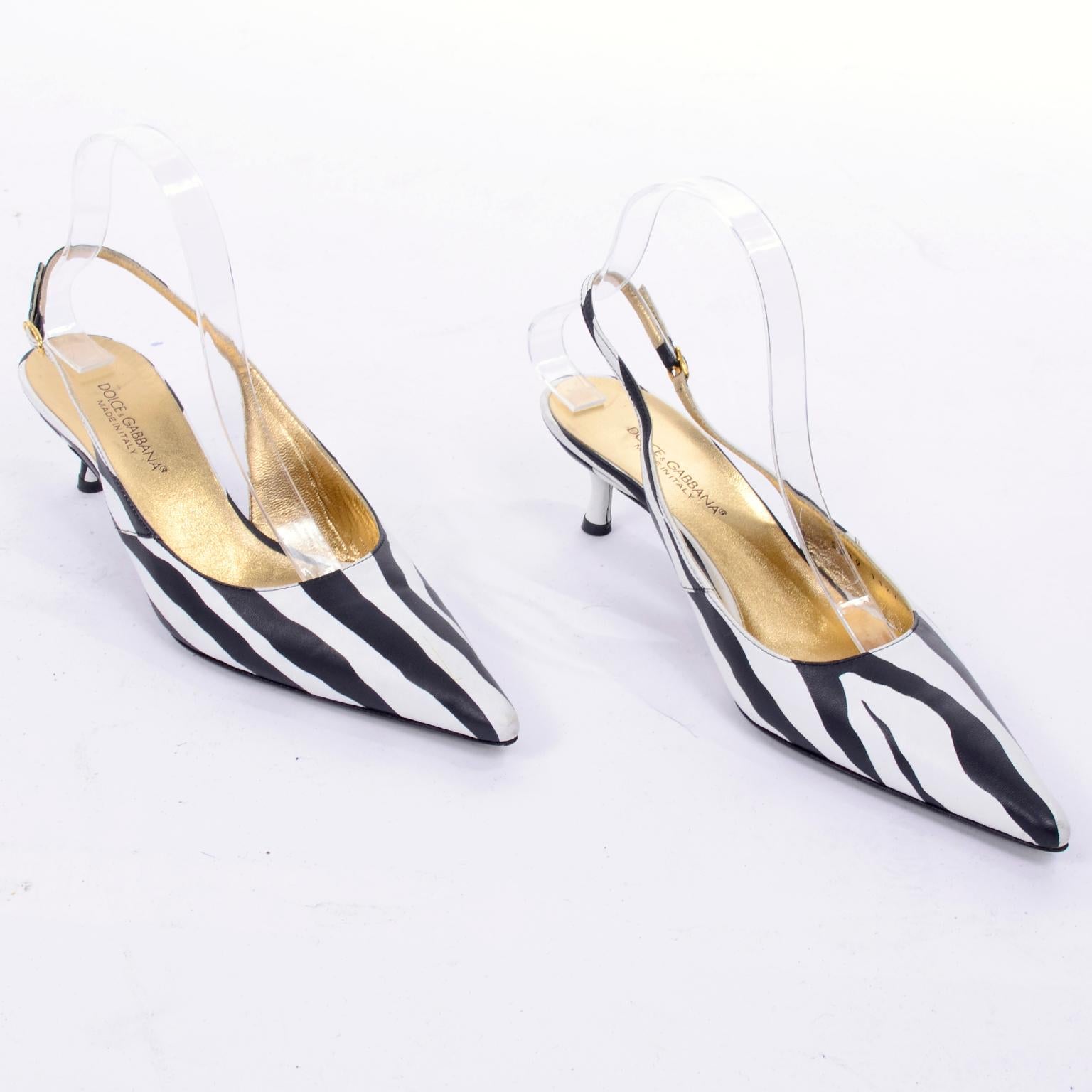 Beige Dolce & Gabbana Zebra Stripe Shoes Vintage Sling Back Kitten Heels in Size 38