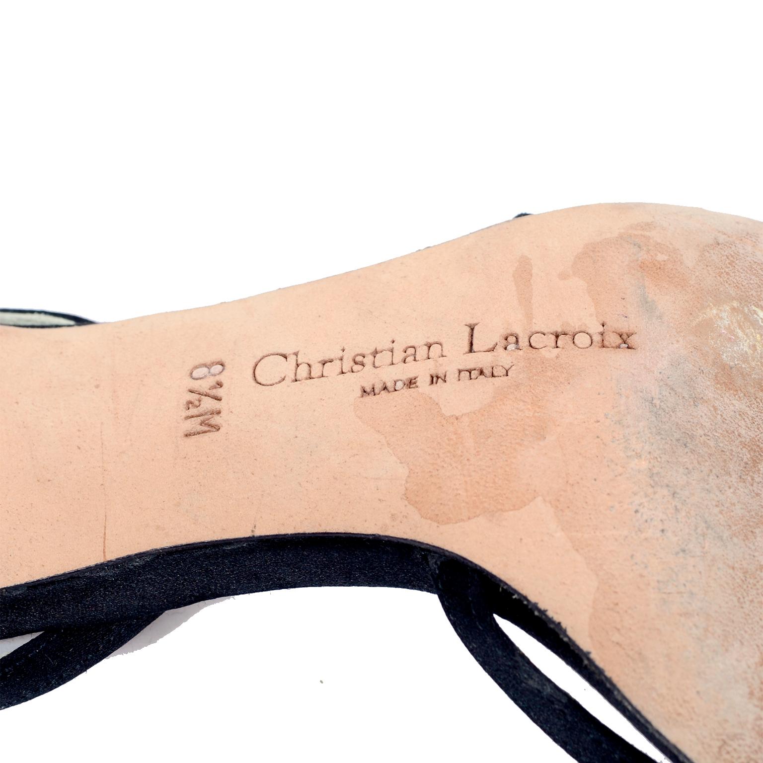Christian Lacroix Vintage Black Heels Slingback Strappy Shoes W/ Rhinestones 8.5 For Sale 2