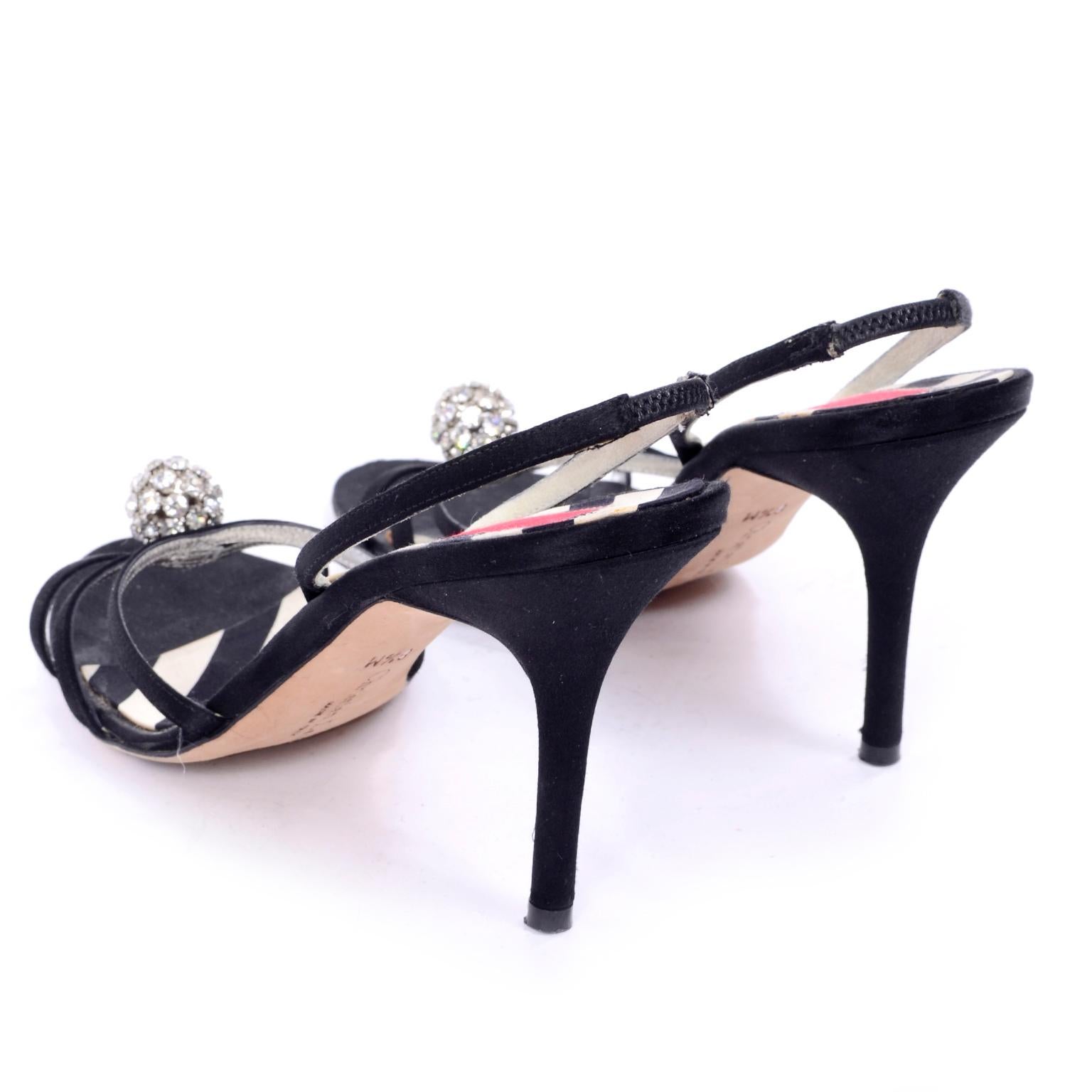 Christian Lacroix Vintage Black Heels Slingback Strappy Shoes W/ Rhinestones 8.5 In Good Condition For Sale In Portland, OR