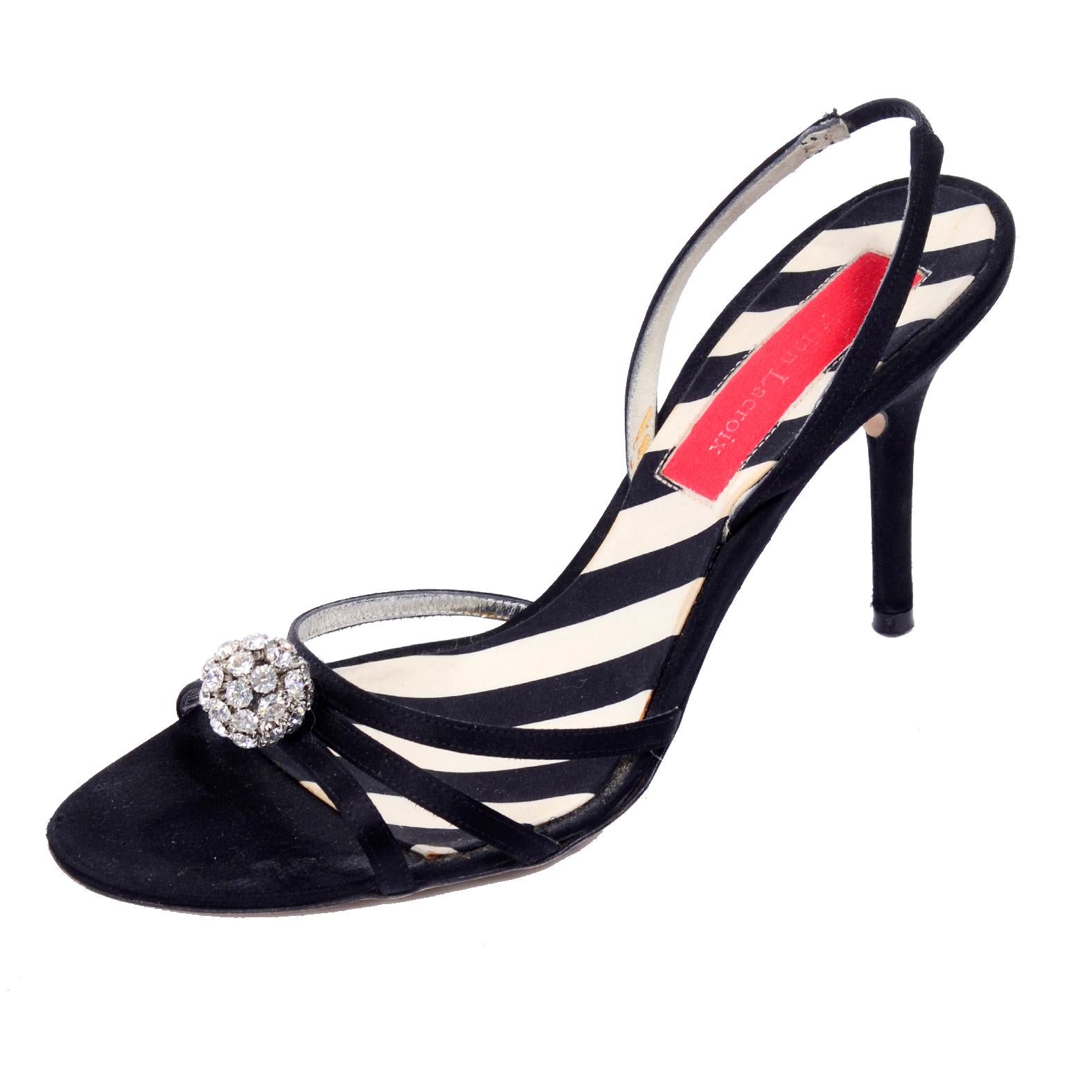 Christian Lacroix Vintage Black Heels Slingback Strappy Shoes W/ Rhinestones 8.5 For Sale