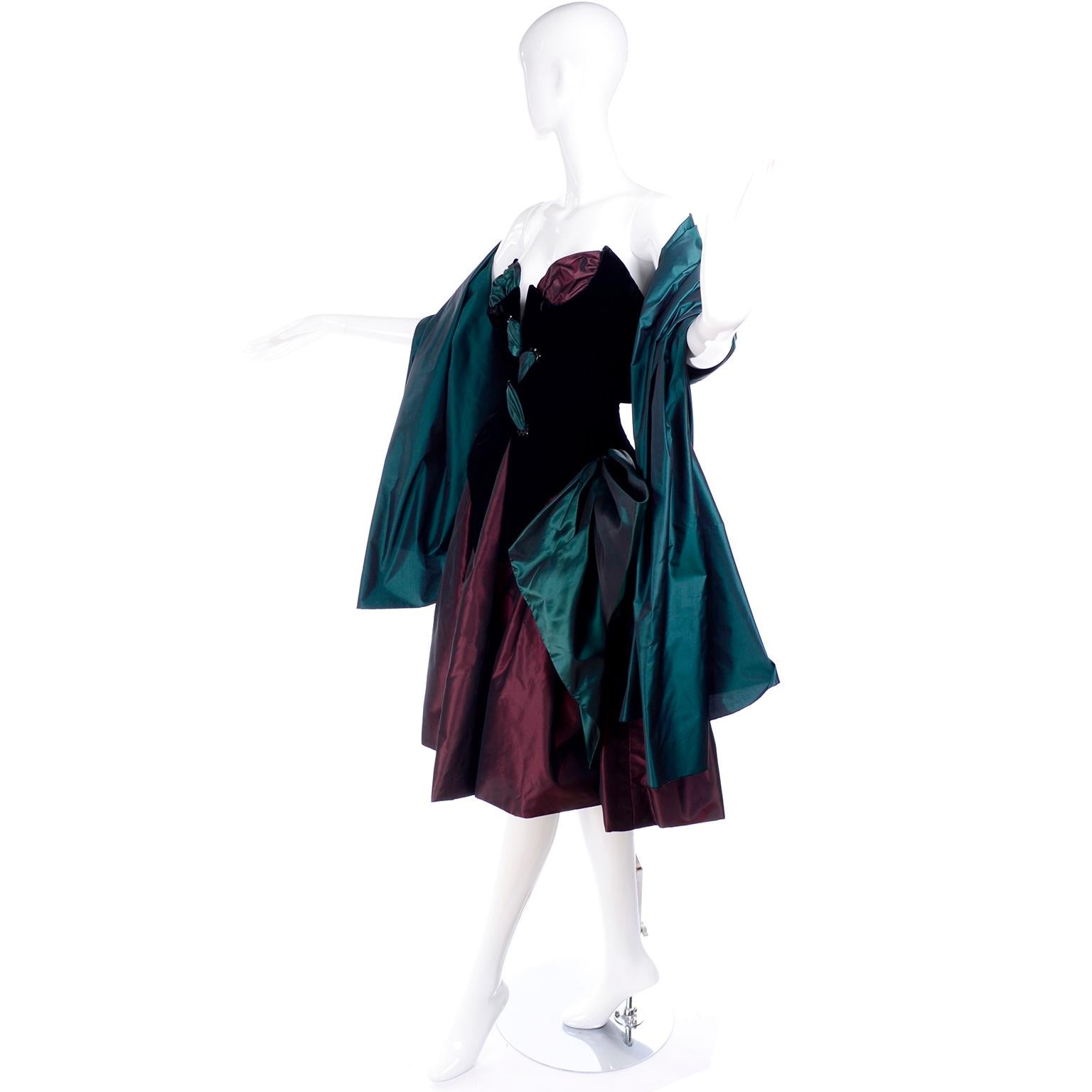 Bob Mackie Green & Wine Velvet & Taffeta Vintage Plunging Corset Dress & Wrap For Sale 5