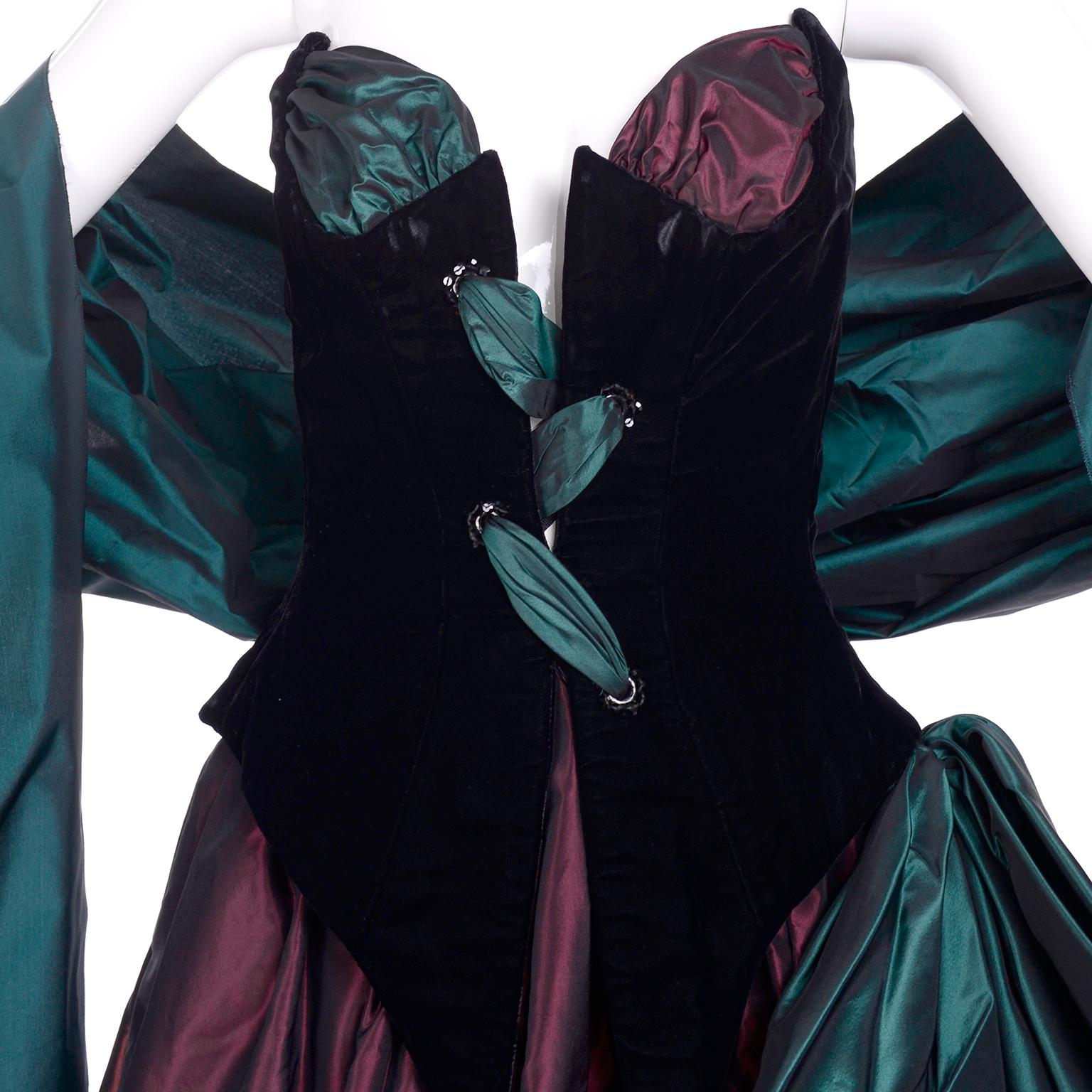Bob Mackie Green & Wine Velvet & Taffeta Vintage Plunging Corset Dress & Wrap For Sale 7