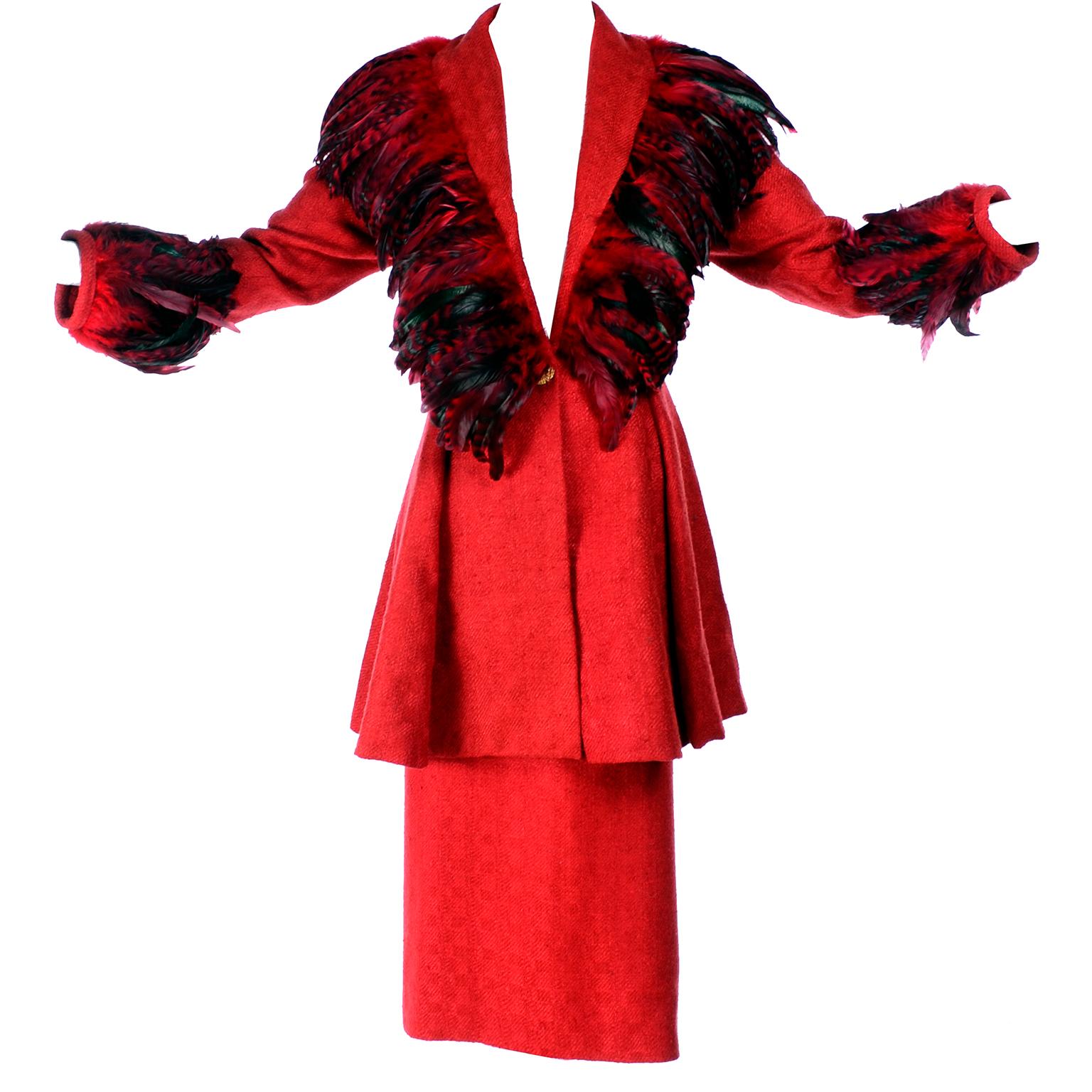 Simon Copeland London Fashion Designer Bespoke Red Skirt & Feather Jacket Suit 
