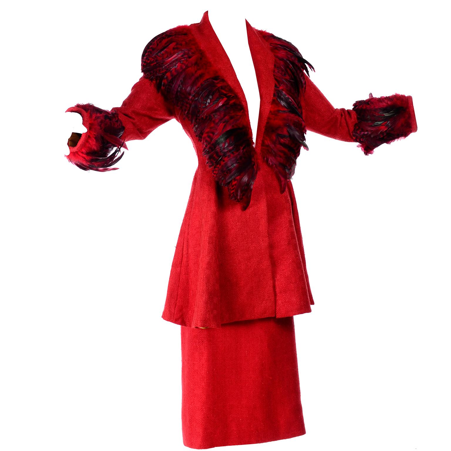 Simon Copeland London Fashion Designer Bespoke Red Skirt & Feather Jacket Suit  In Excellent Condition In Portland, OR