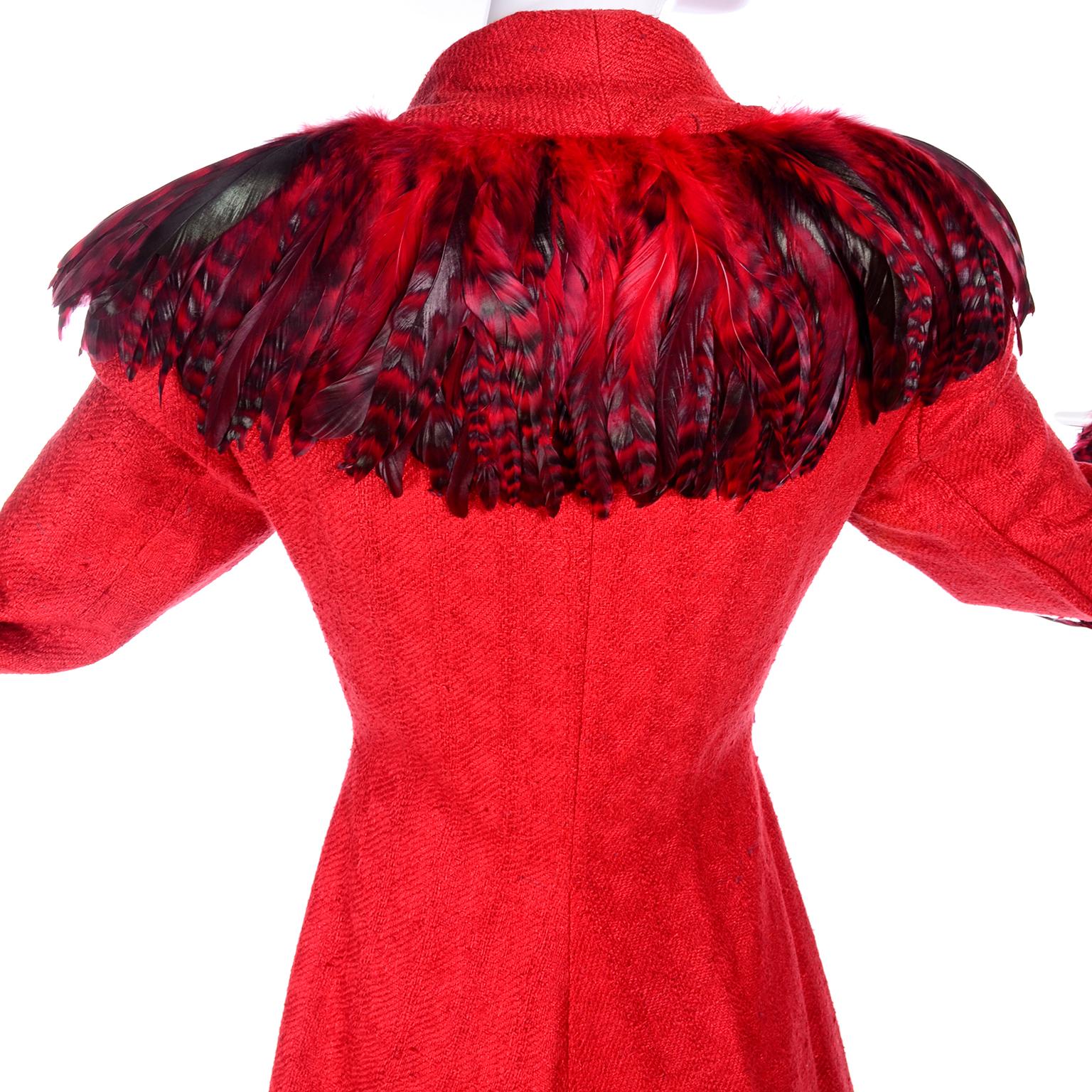 Simon Copeland London Fashion Designer Bespoke Red Skirt & Feather Jacket Suit  1