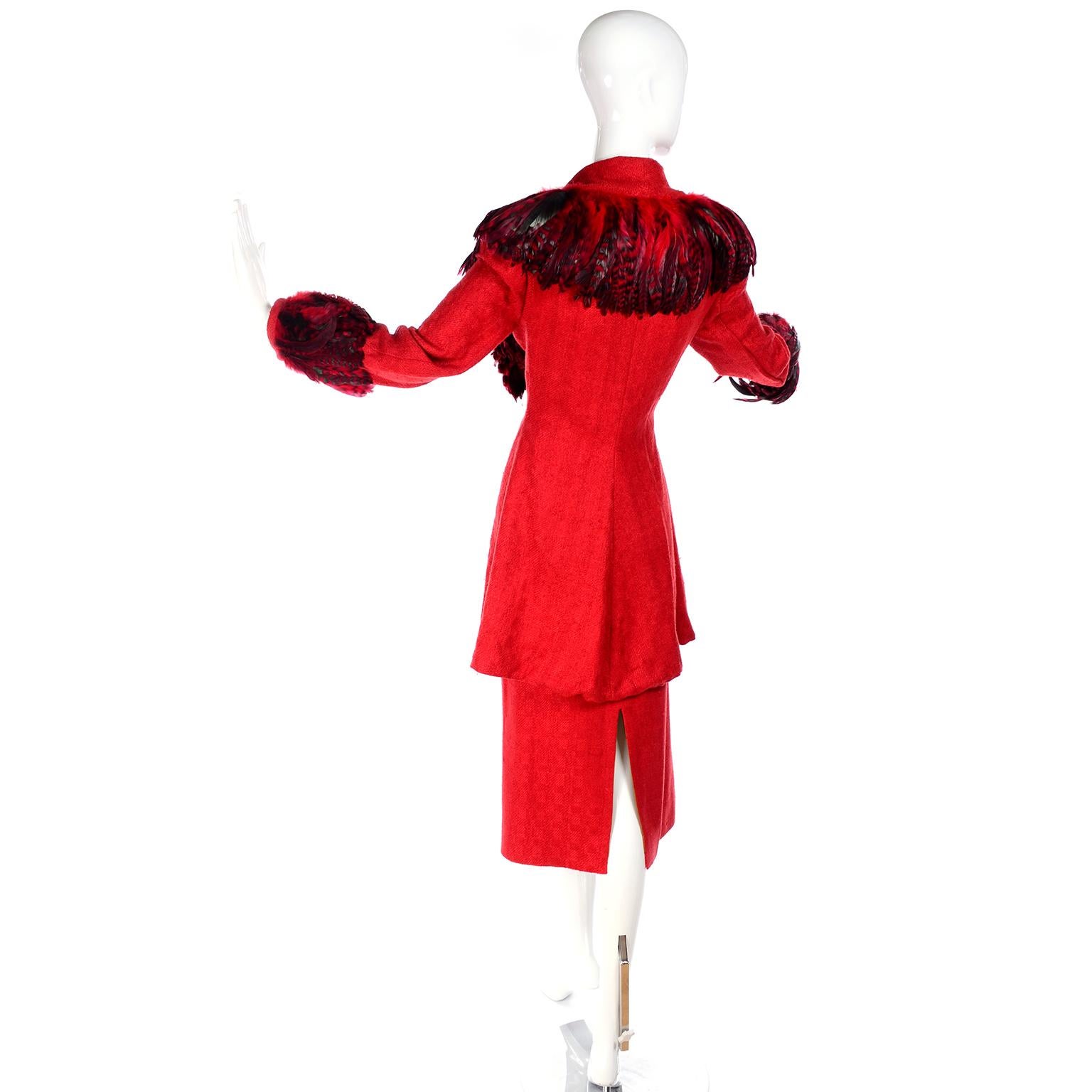 Simon Copeland London Fashion Designer Bespoke Red Skirt & Feather Jacket Suit  2