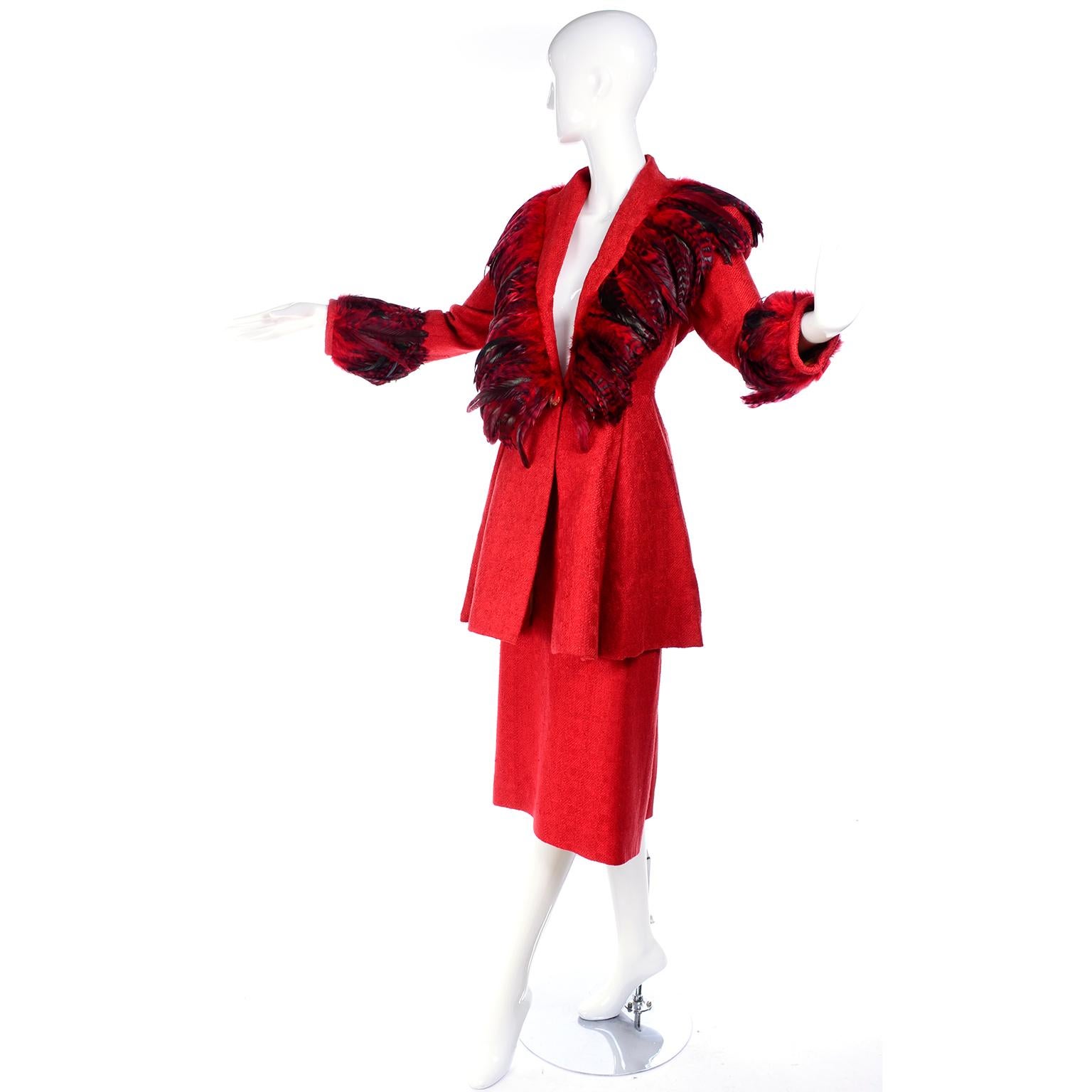 Simon Copeland London Fashion Designer Bespoke Red Skirt & Feather Jacket Suit  3