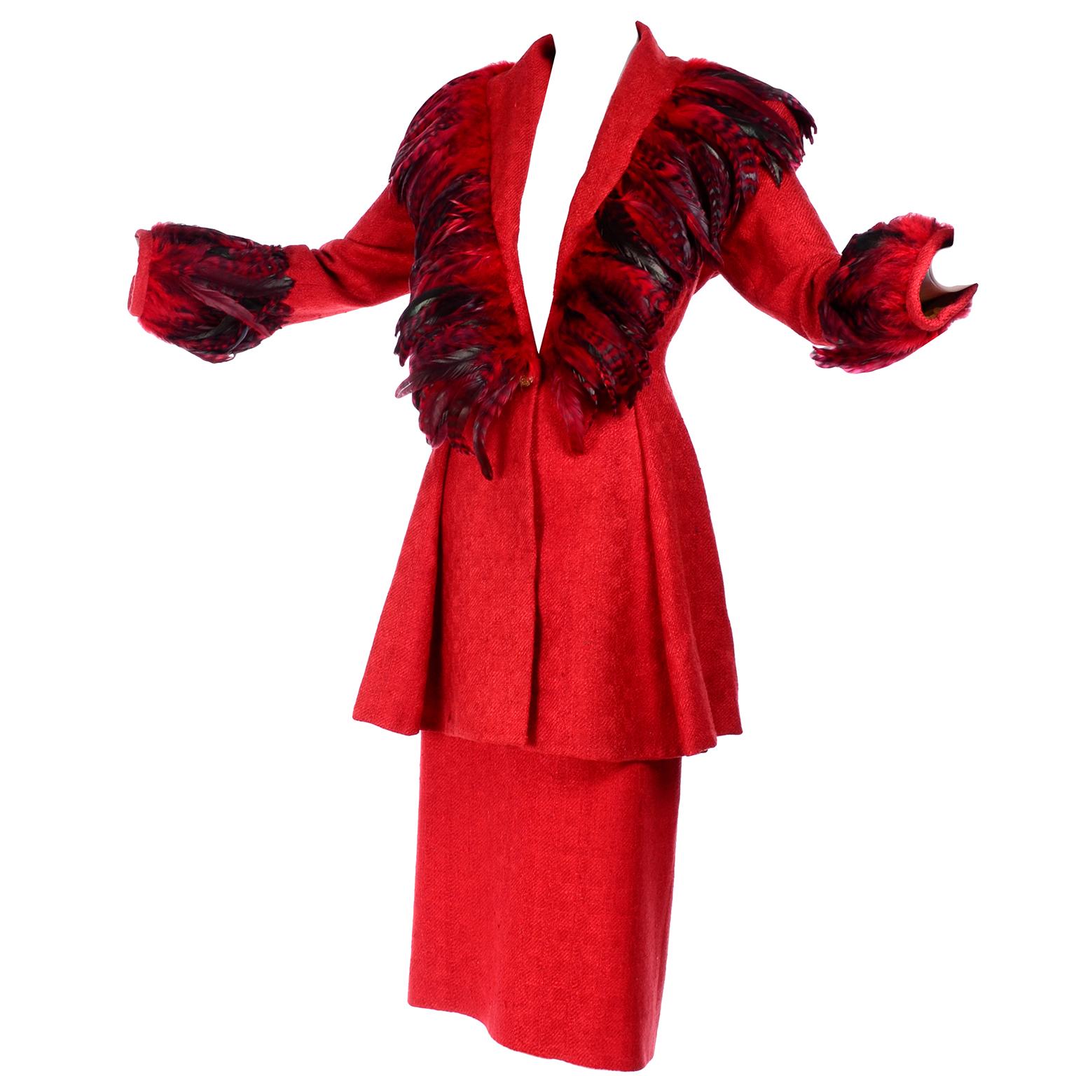 Simon Copeland London Fashion Designer Bespoke Red Skirt & Feather Jacket Suit  6