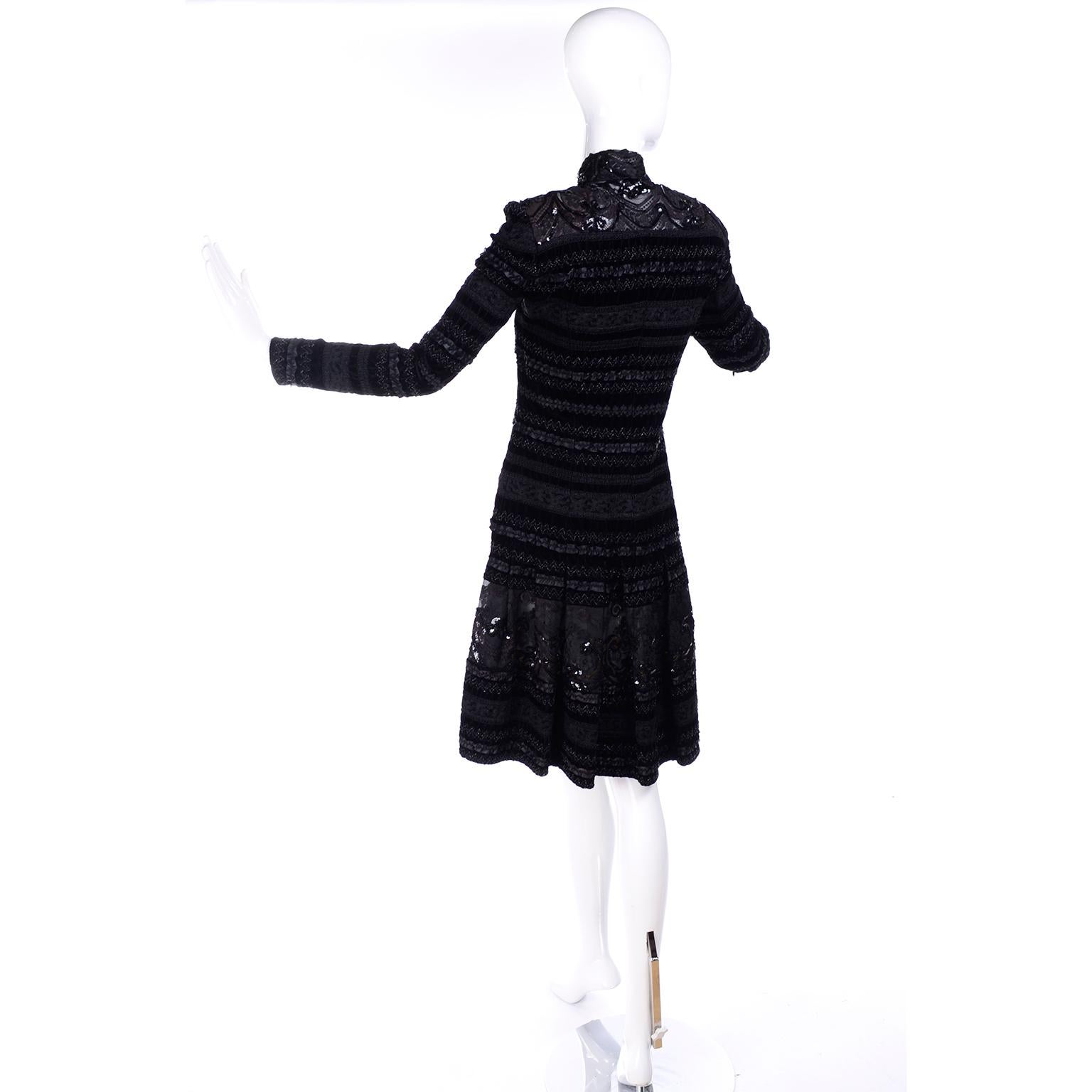 Emanuel Ungaro Vintage Black Velvet Dress W Lace Sequins Ribbons & Metallic Knit In Excellent Condition In Portland, OR