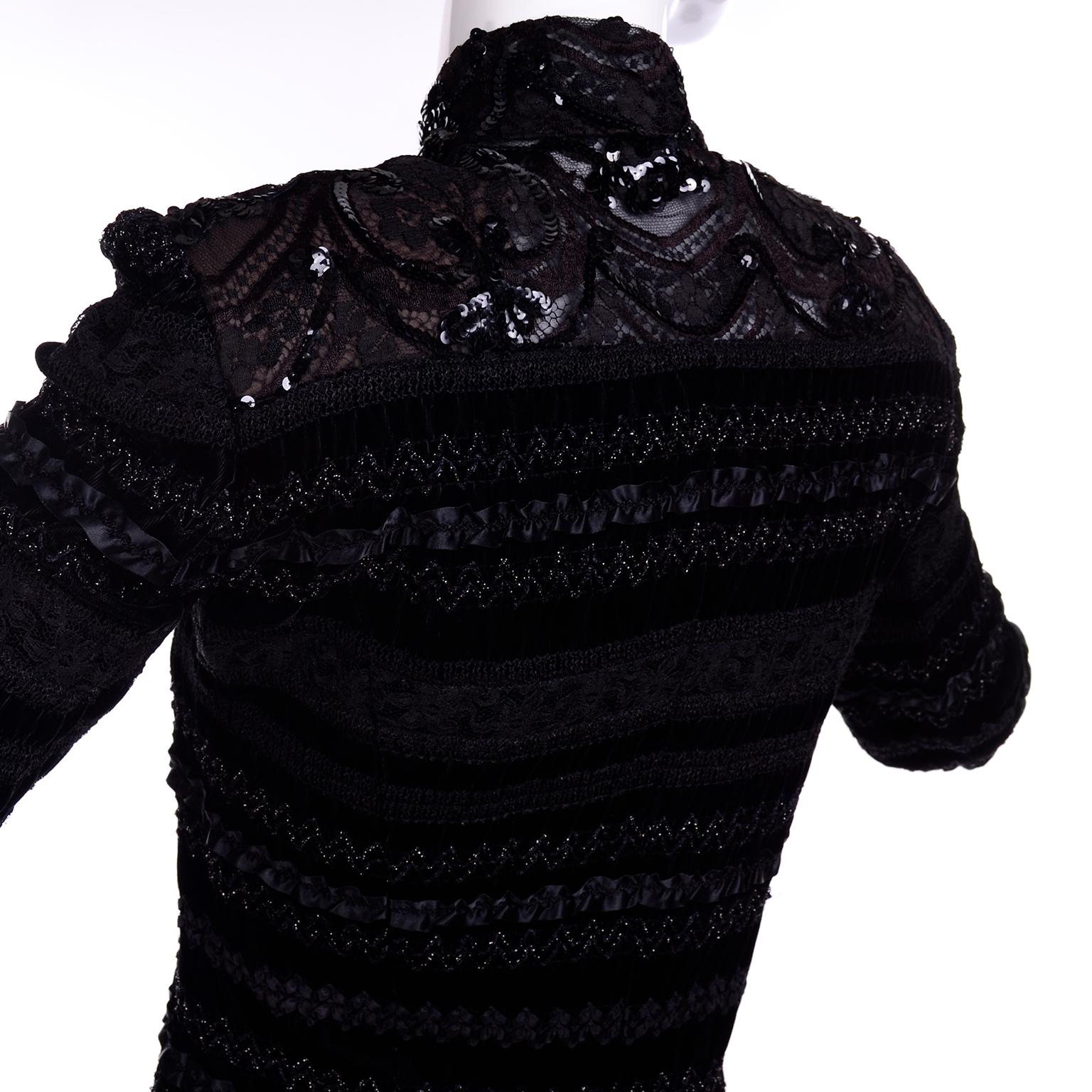 Women's Emanuel Ungaro Vintage Black Velvet Dress W Lace Sequins Ribbons & Metallic Knit